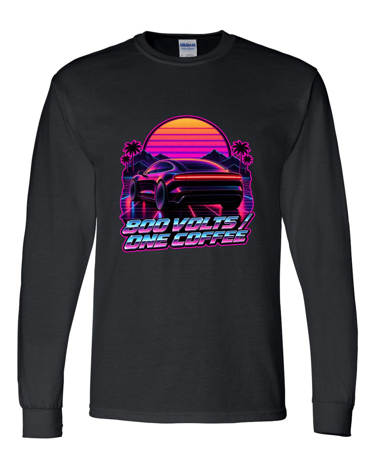 Porsche Taycan Turbo S 9J1 synthwave outrun light bar print with the text 800 volts one coffee black long sleeve front view with the design