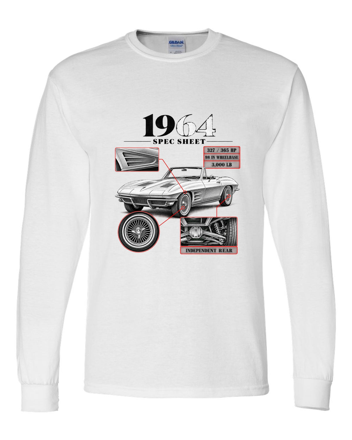 Chevrolet Corvette C2 Sting Ray 1964 convertible spec sheet print white long sleeve front view with the design