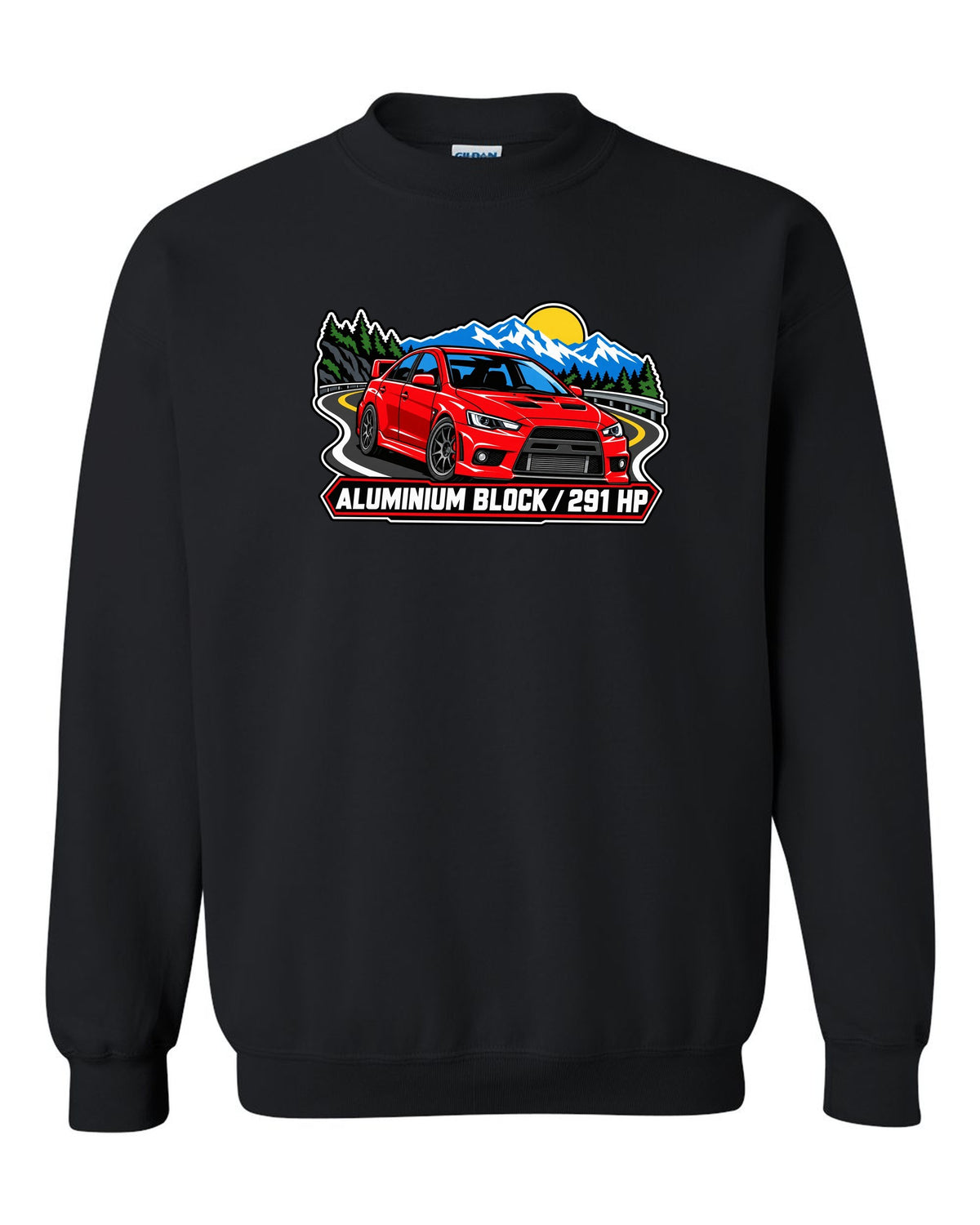 Bold three-colour screen-print style print of an airborne Mitsubishi Evo X CZ4A with all four left the ground text black crewneck front view with the design