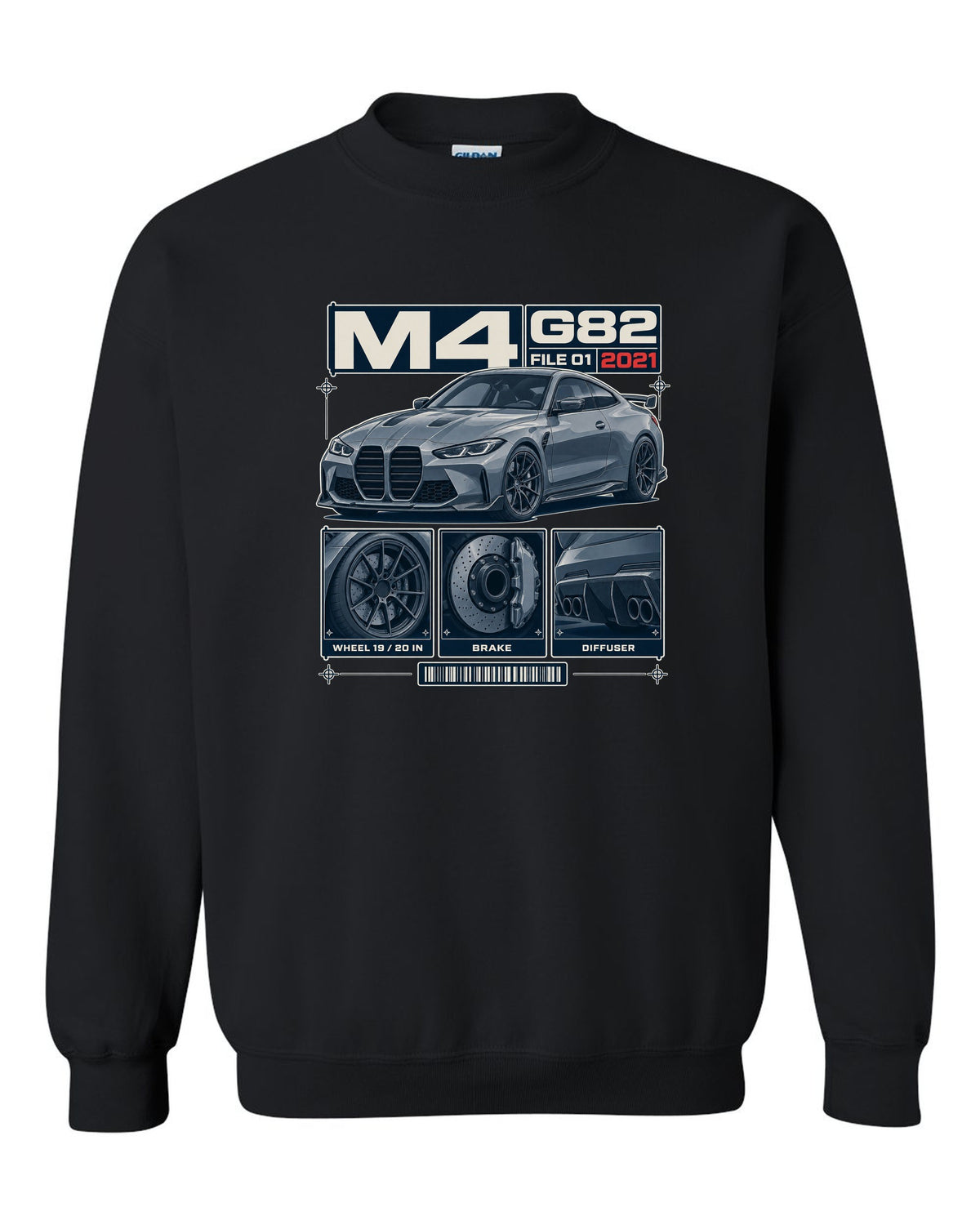 BMW M3 G80 dossier panels print with wheel, brake and diffuser details black crewneck front view with the design