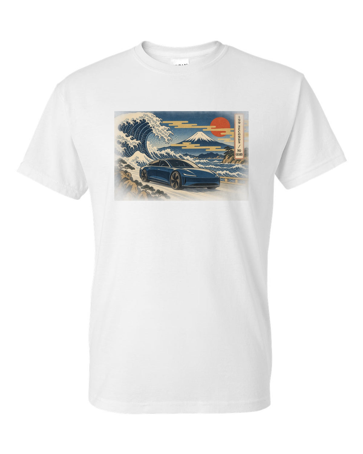 Ukiyo-e woodblock print of a 2021 Tesla Model S Plaid with the words 1.99 Seconds No Gears white t-shirt front view with the design
