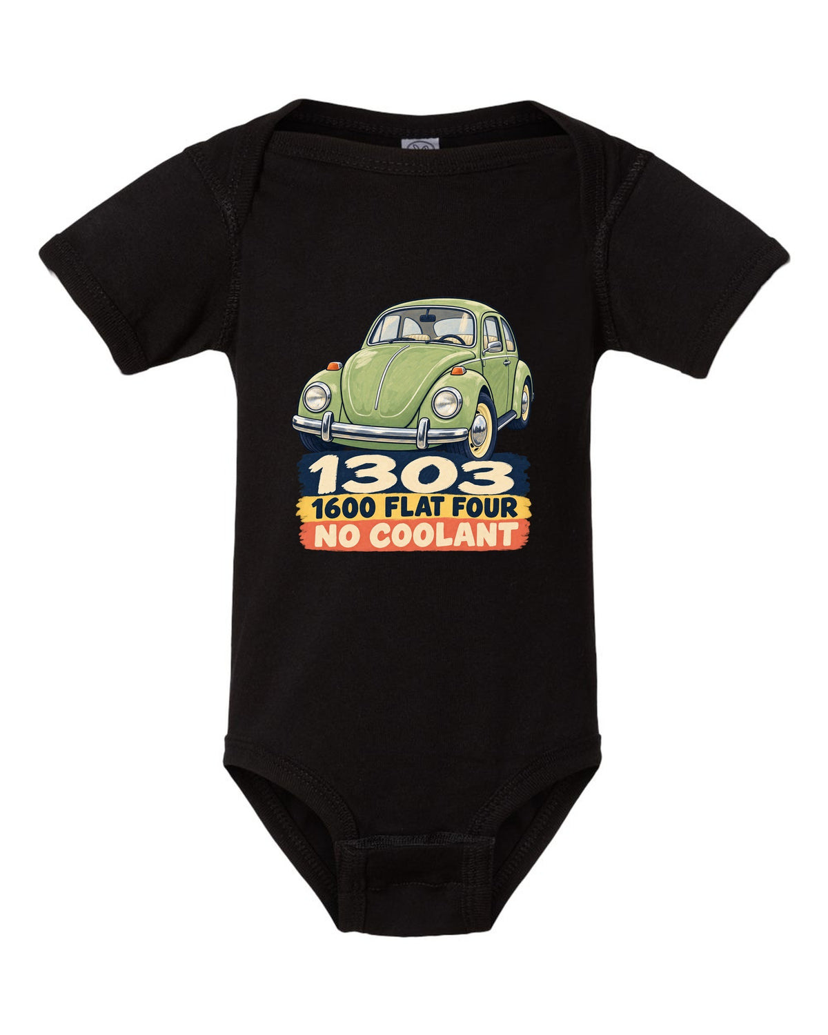 Gouache-style painted flat colour print of a VW Beetle Type 1 1303 with 1600 flat four lettering black baby onesie front view with the design