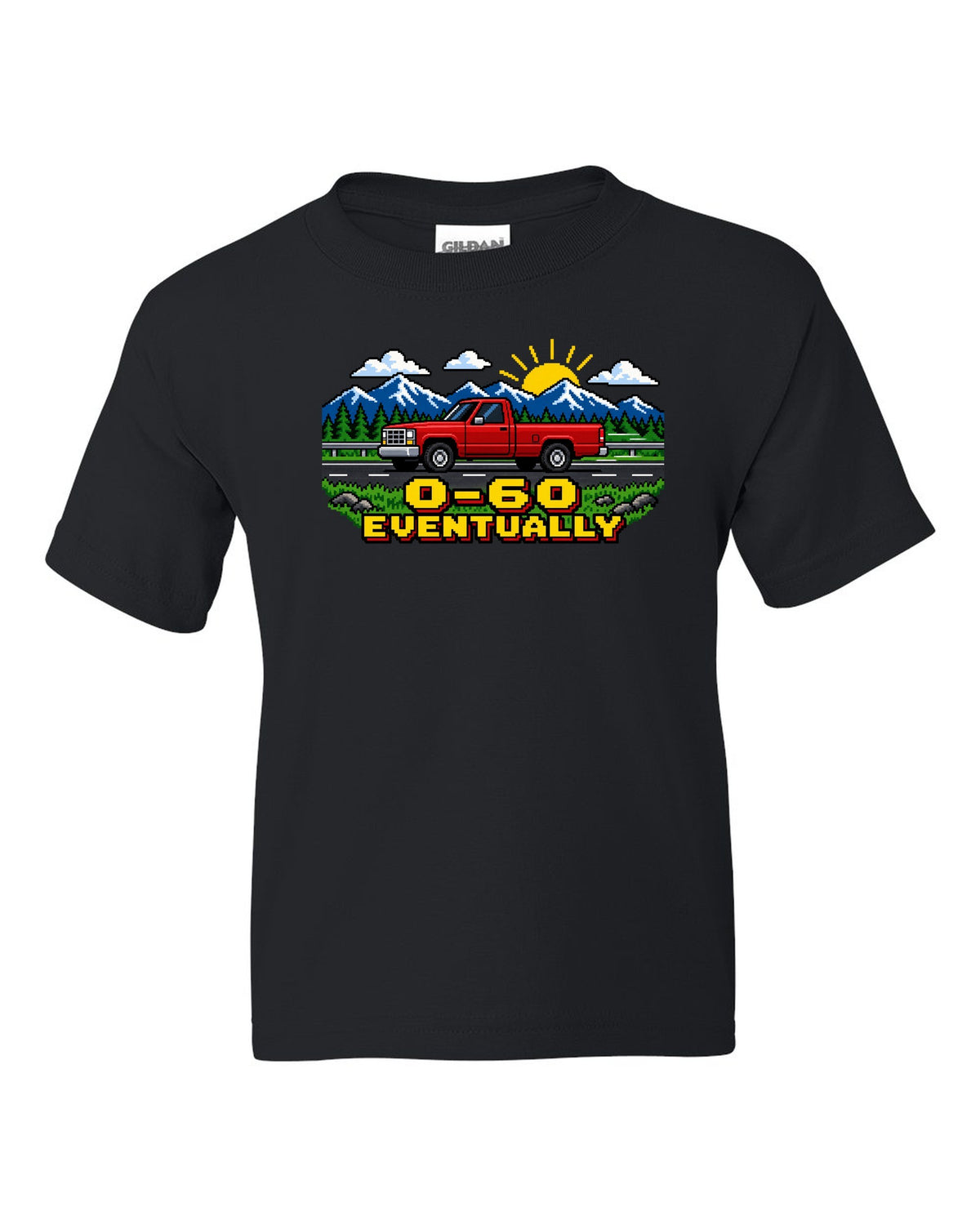 Pixel art print of a 1989-1993 Dodge Ram D250 Cummins with the text 0-60 eventually black kids tee front view with the design