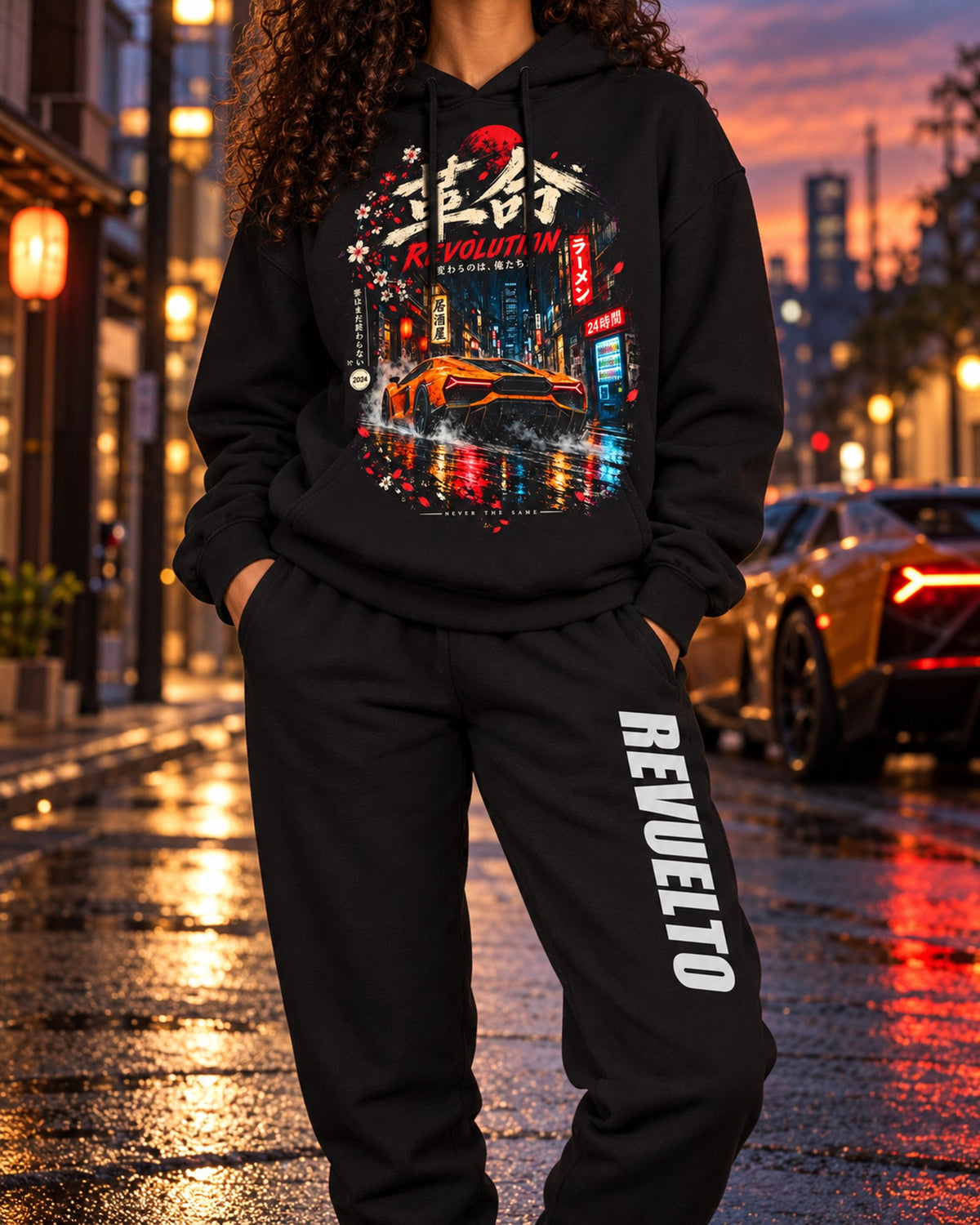 Lamborghini Revuelto Dream Car Hoodie + Jogger Set Black worn hero