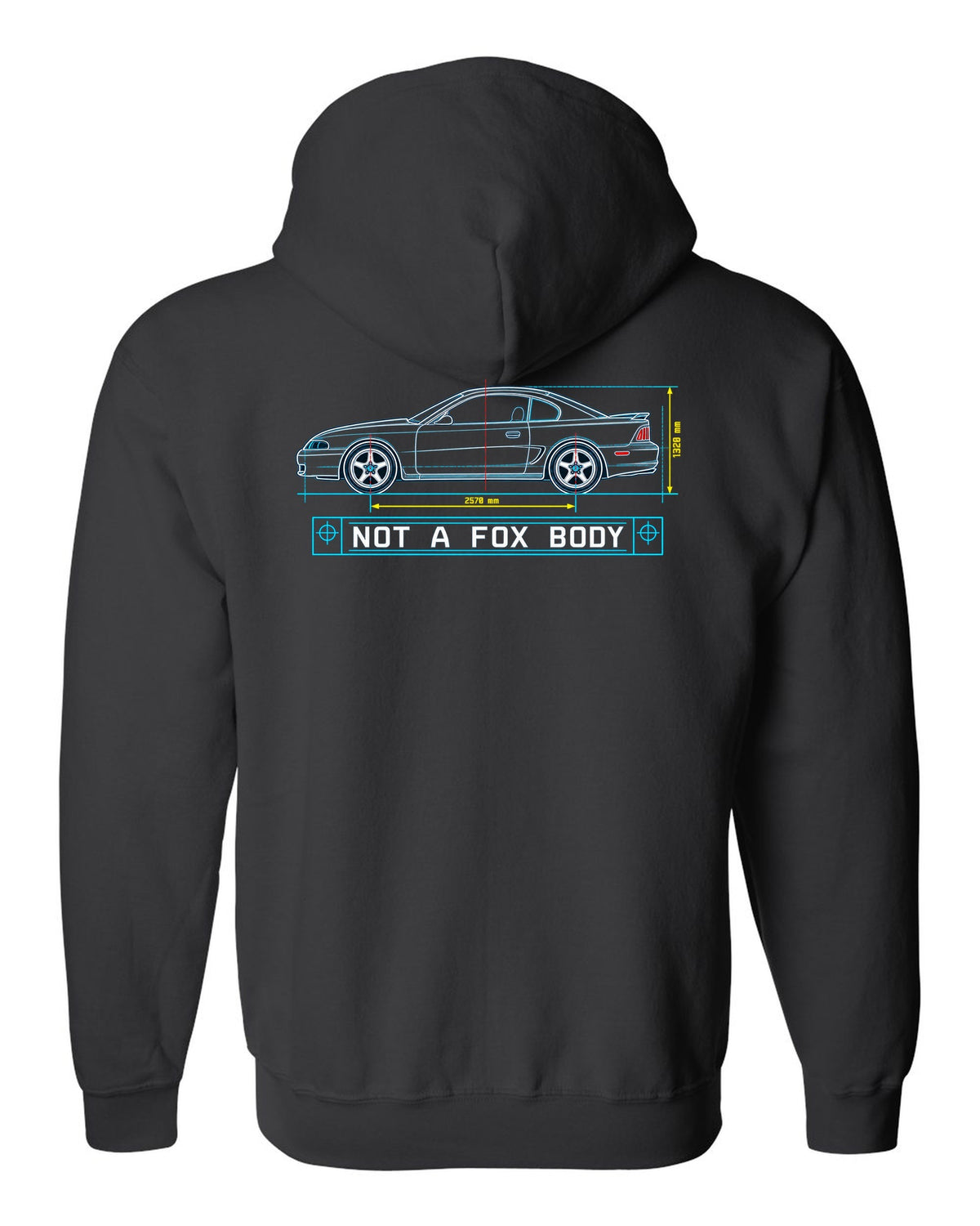 1994-98 SN95 Mustang Coupe Blueprint black zip hoodie back view with the design
