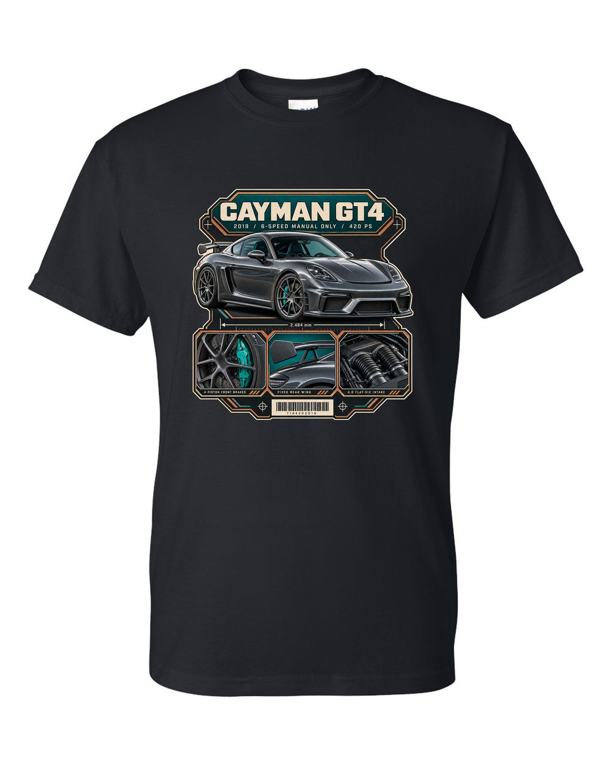 Dossier panel print of a Porsche 718 Cayman GT4 982 black t-shirt front view with the design