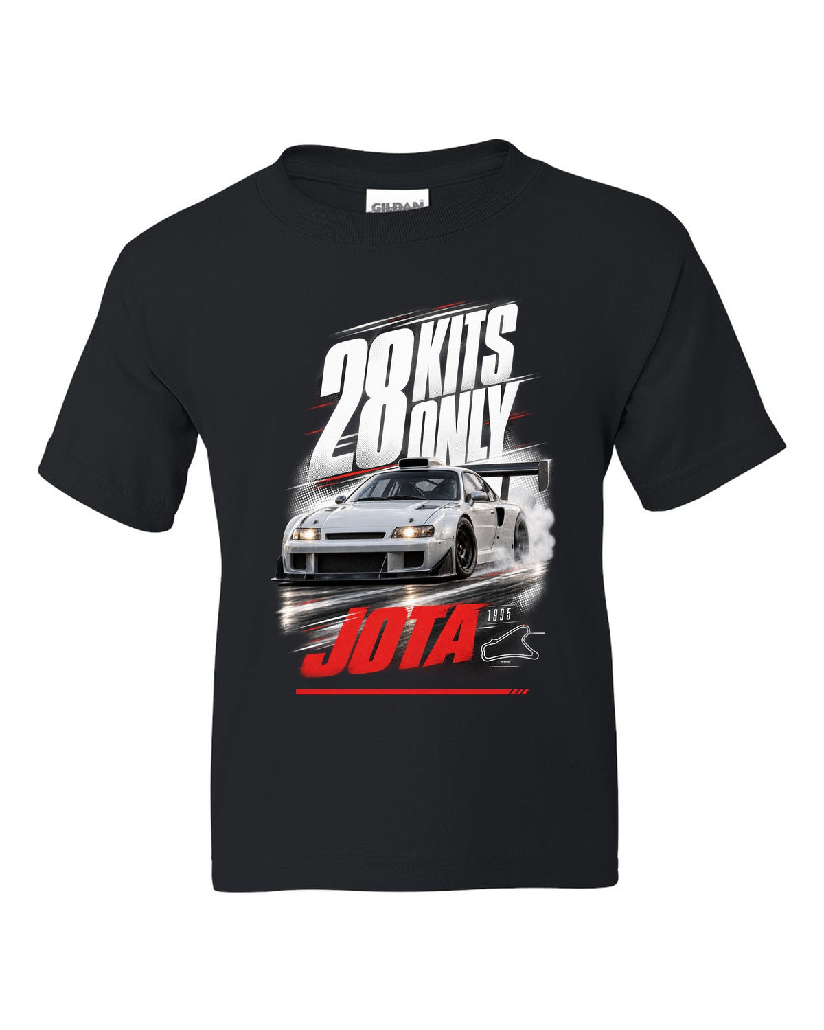 Race poster print of a Lamborghini Diablo SE30 Jota with 28 kits only text black kids tee front view with the design