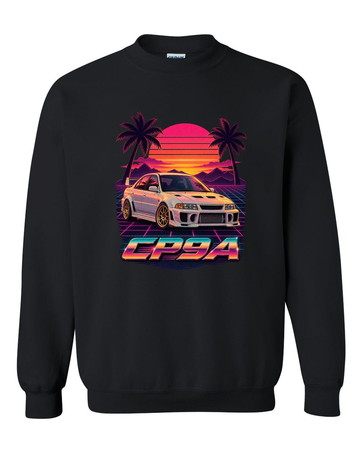 Synthwave sunset poster of a Mitsubishi Lancer Evolution V CP9A with palm trees black crewneck front view with the design