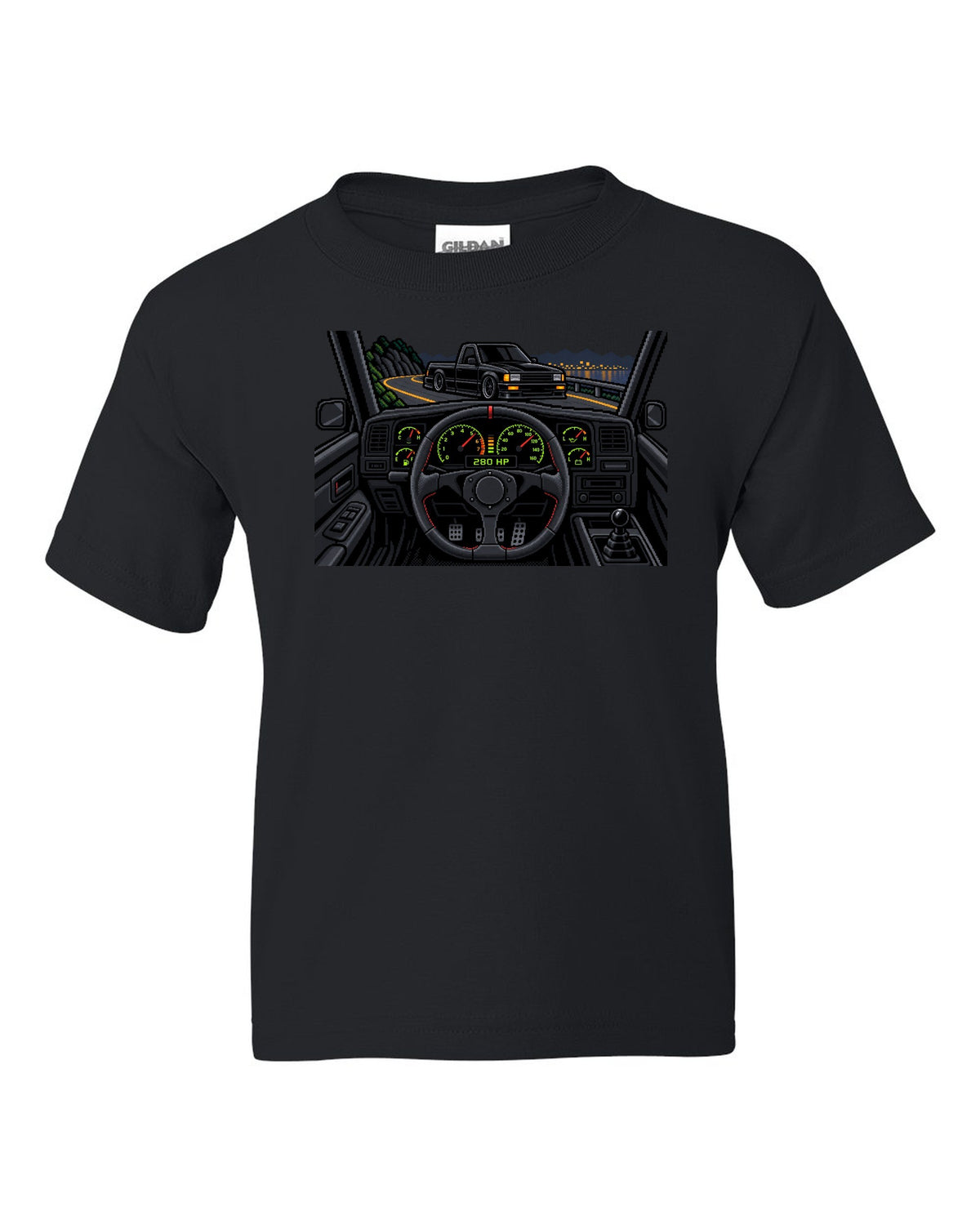 8/16-bit pixel art gauge print of a 1991 GMC Syclone with 280 HP text black kids tee front view with the design