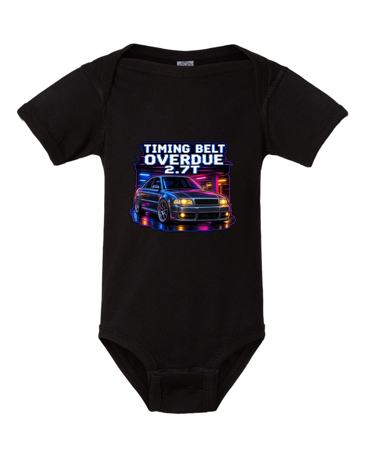 VHS lo-fi print of an Audi S4 B5 with Timing Belt Overdue and 2.7T text black baby onesie front view with the design