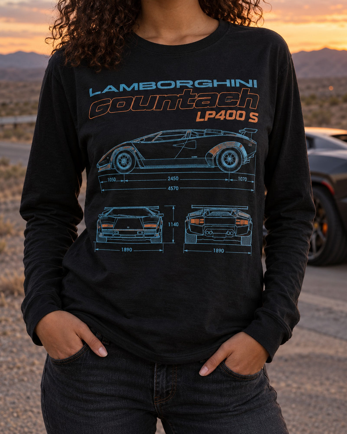 Lamborghini Countach LP400 S Wide Arch Blueprint Shirt, 1978 Long Sleeve Black worn hero