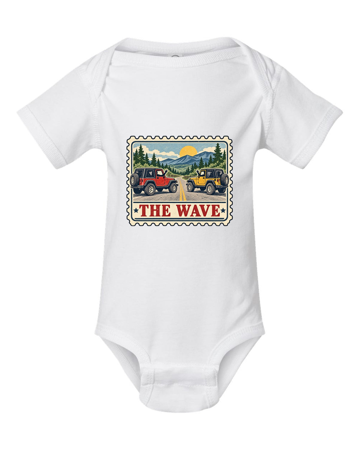 Vintage postage stamp print of a Jeep Wrangler TJ with the words The Wave white baby onesie front view with the design