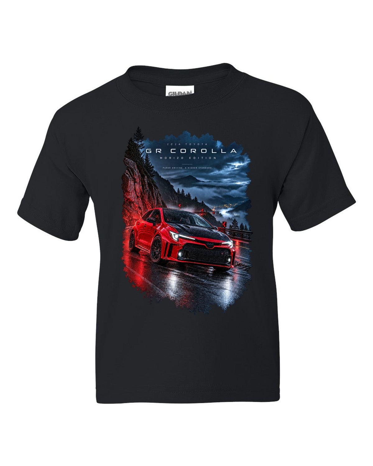 Toyota GR Corolla Morizo Edition on a wet mountain road at night black kids tee front view with the design