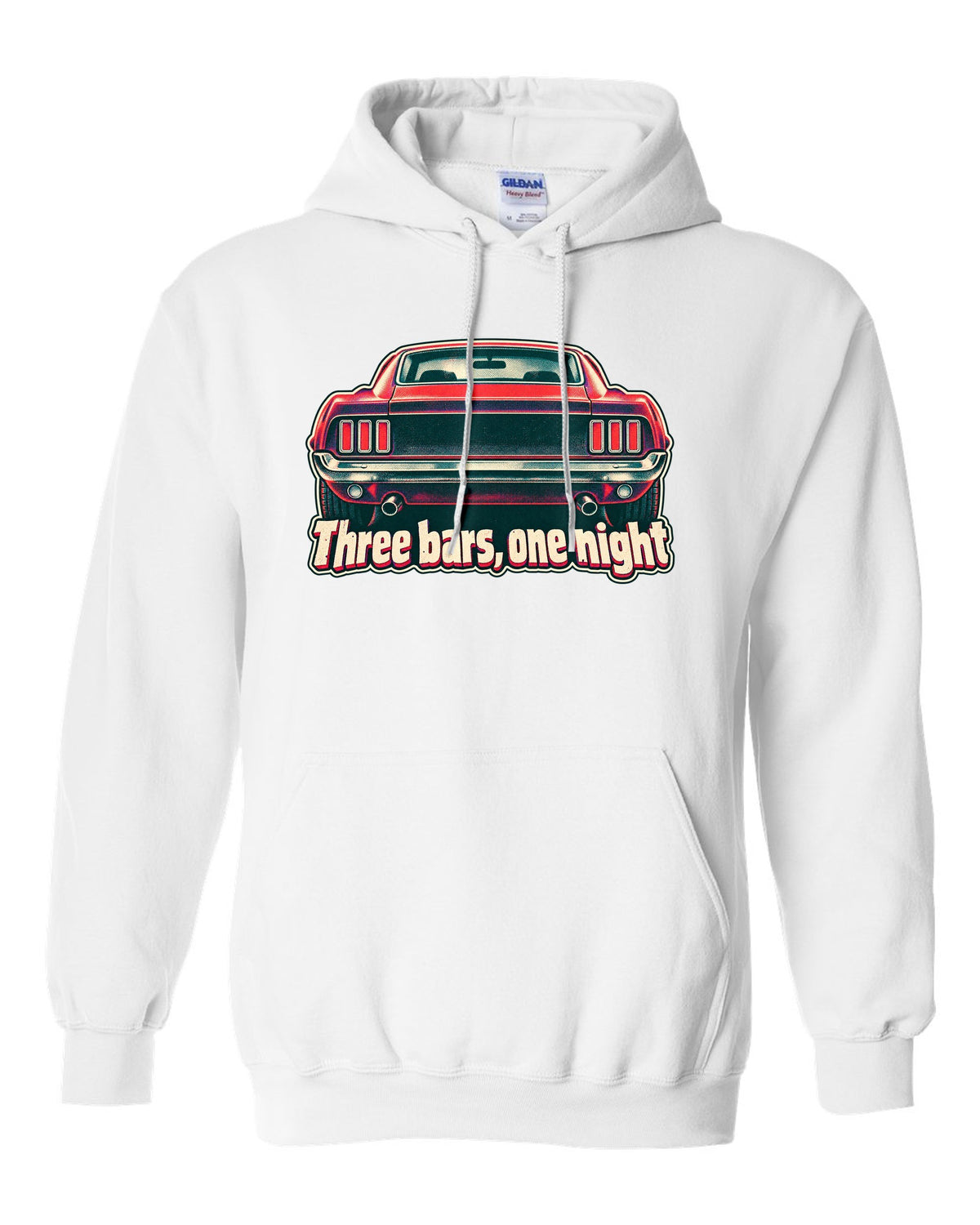 Risograph halftone print of the 1969 Ford Mustang fastback taillights with three bars white pull over hoodie front view with the design