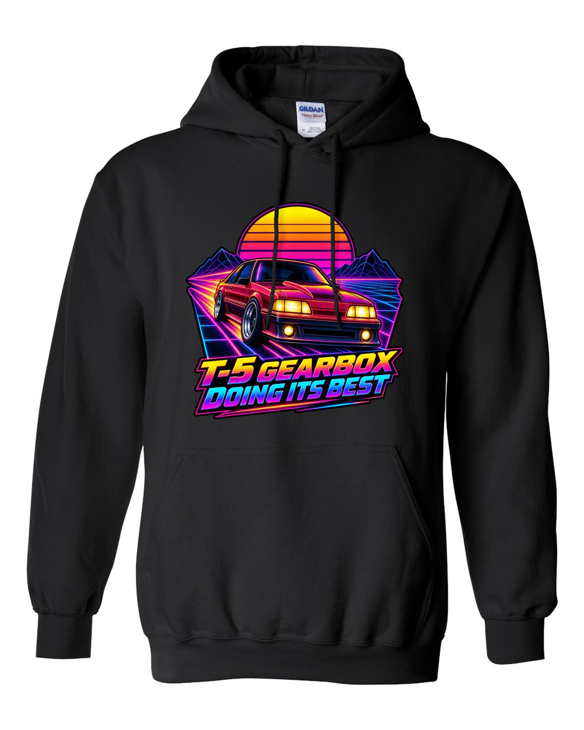 Synthwave sunset grid print of a Ford Mustang Fox Body GT with T-5 gearbox text black pull over hoodie front view with the design