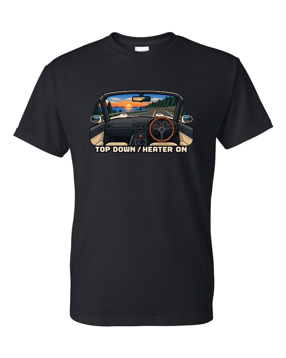 Cel-shaded 90s anime night scene of a Mazda RX-7 FD3S under sodium lights black t-shirt front view with the design