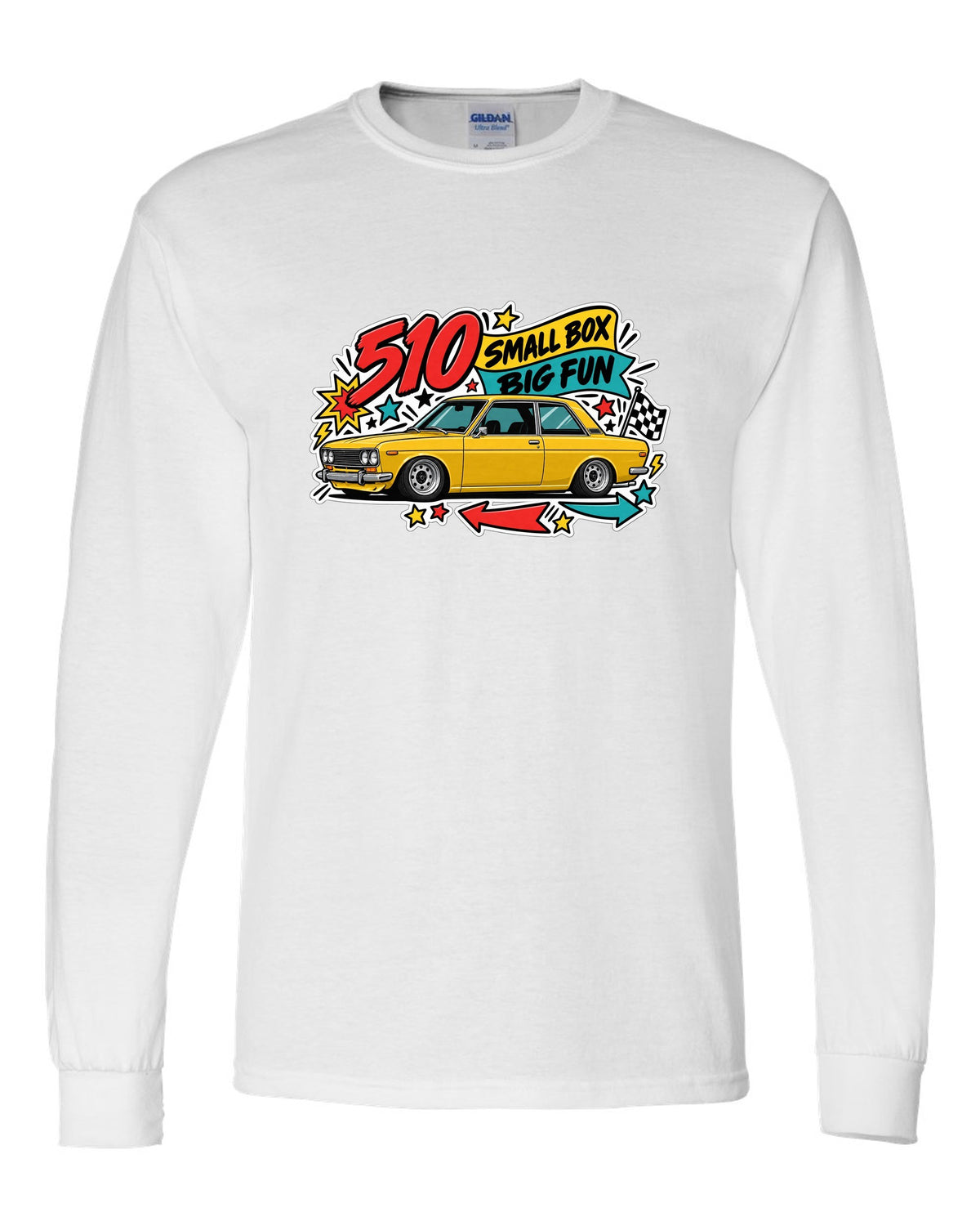 Sticker-bomb print for the Datsun 510 reading 510 Small Box Big Fun white long sleeve front view with the design