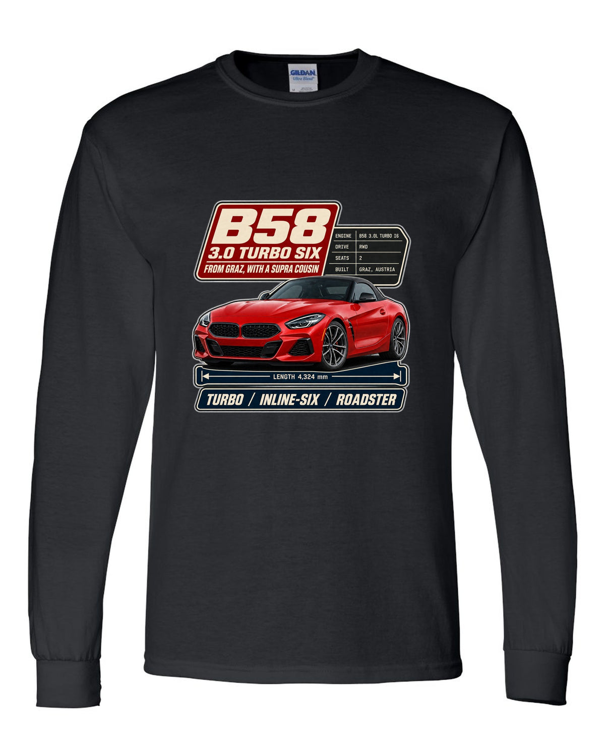 Spec poster print of the BMW Z4 M40i with B58 3.0 turbo six notes black long sleeve front view with the design