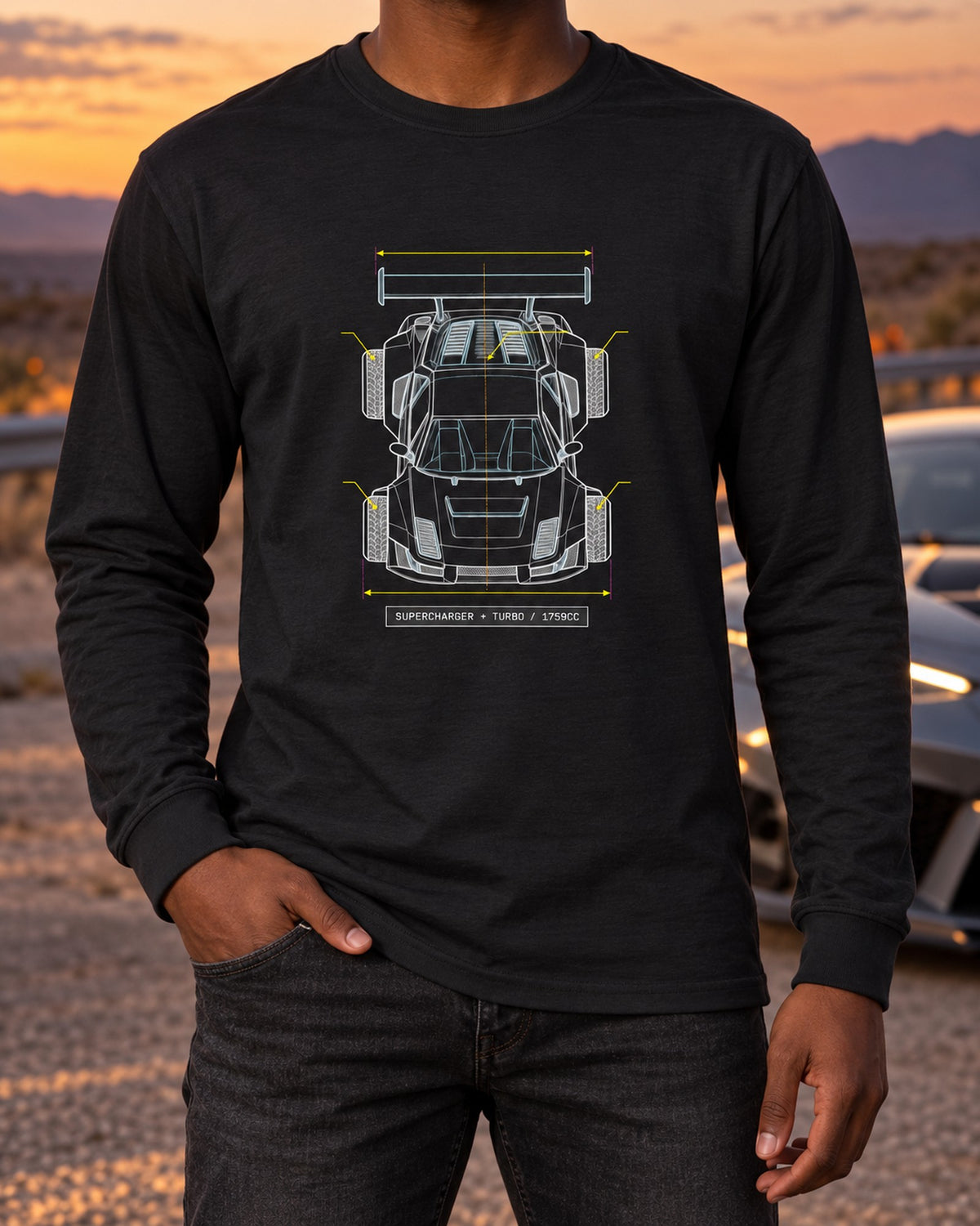 Lancia Delta S4 Overhead Blueprint Patent Style Shirt Long Sleeve Black worn hero