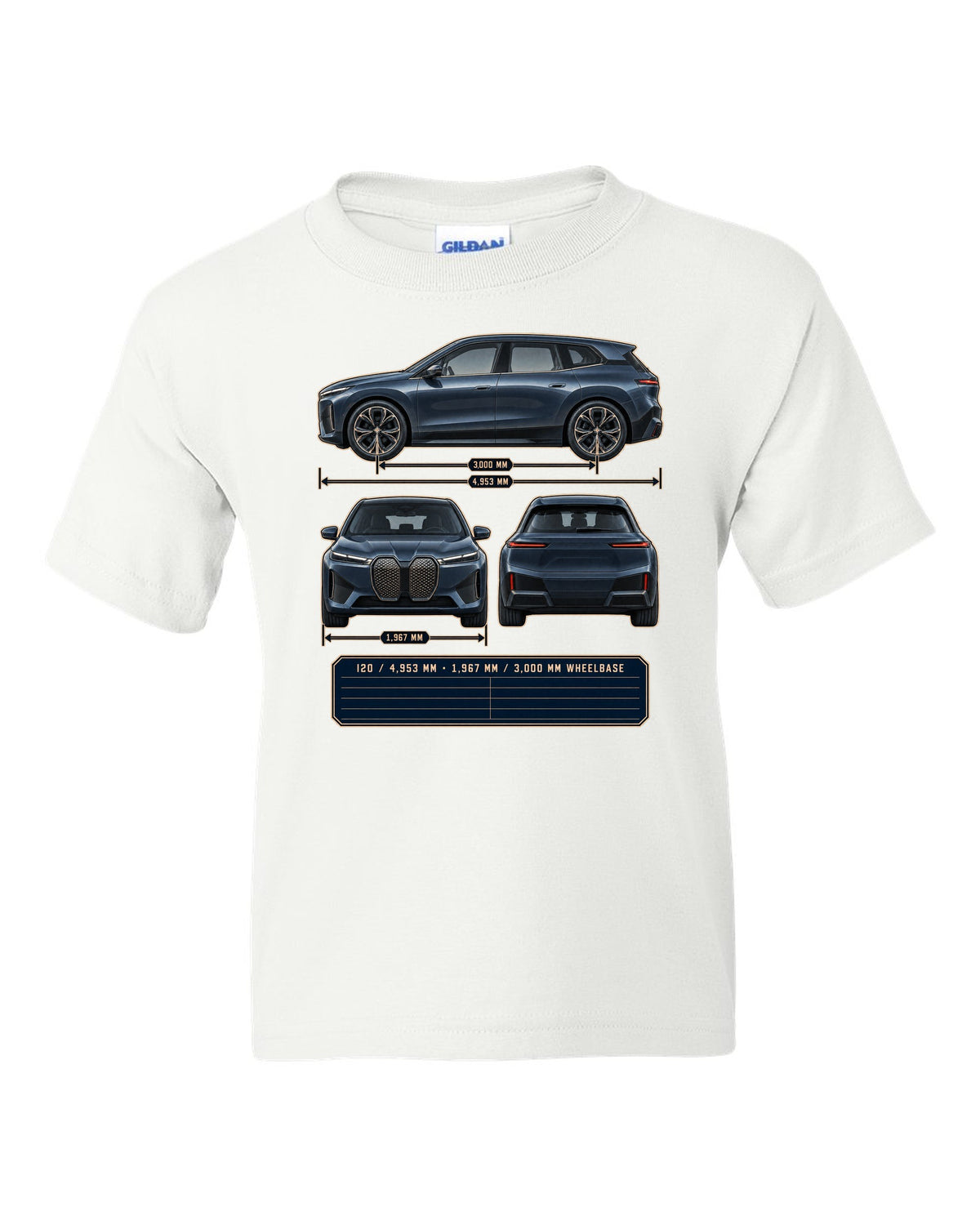 Three-view drawing and spec table print of the BMW iX M60 I20 white kids tee front view with the design