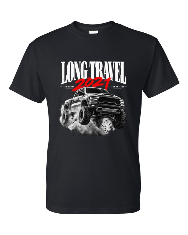 Editorial headline of a 2021-2024 Ram 1500 TRX with the text Long travel, 13 in front, 14 in rear black t-shirt front view with the design