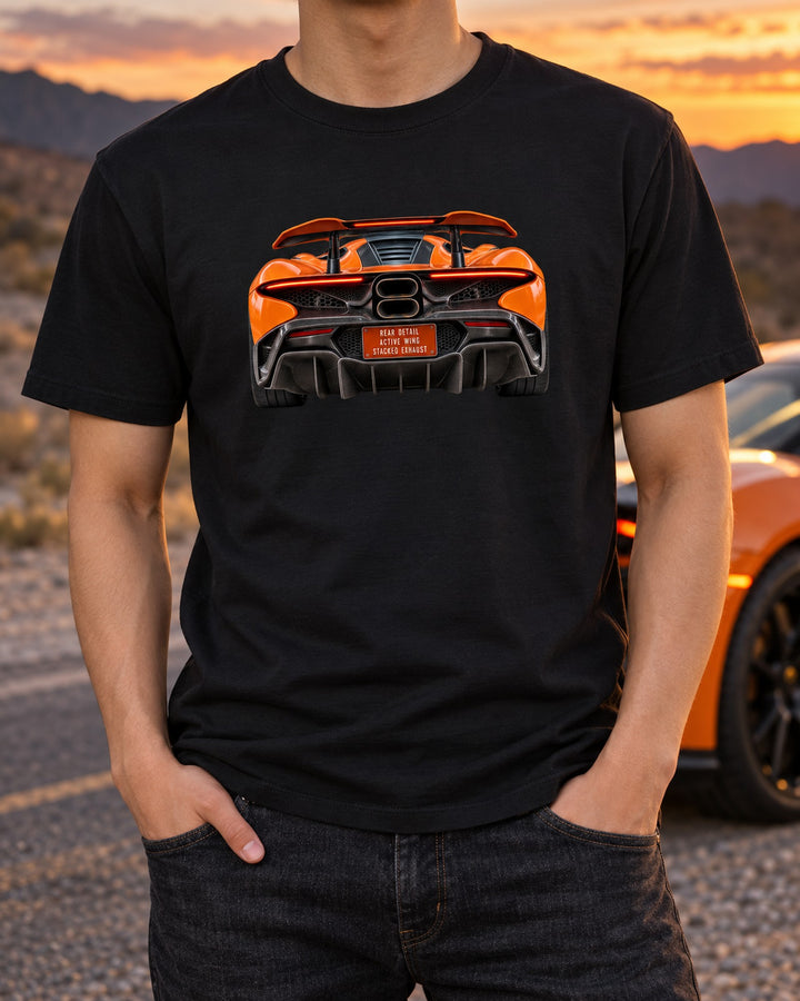 McLaren 750S Rear Detail Macro Shirt, Active Wing Car Tee T-Shirt Black worn hero