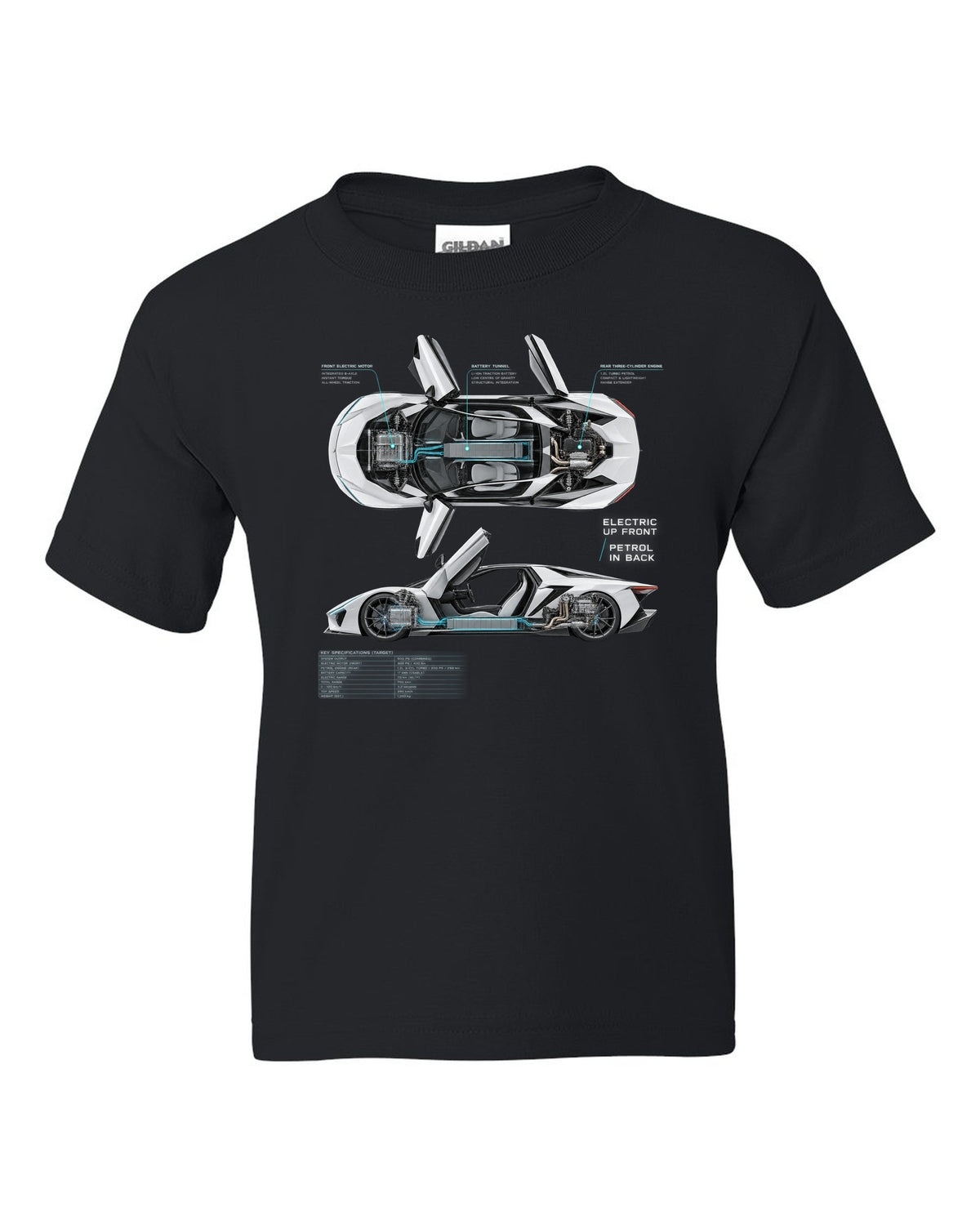 BMW i8 I12 spec poster print with electric up front petrol in back text black kids tee front view with the design