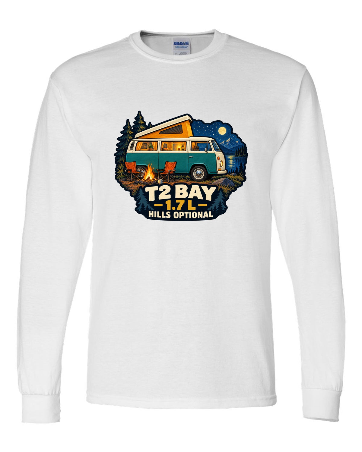 1972 VW Bus T2 Bay Window at a night camp painted in gouache white long sleeve front view with the design