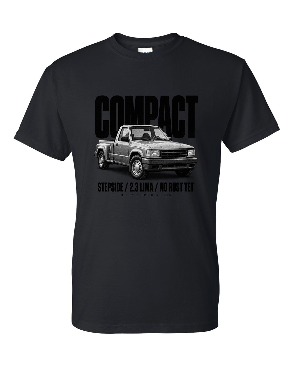 Ford Ranger 1995 stepside halftone print with compact, 2.3 Lima, no rust yet text black t-shirt front view with the design