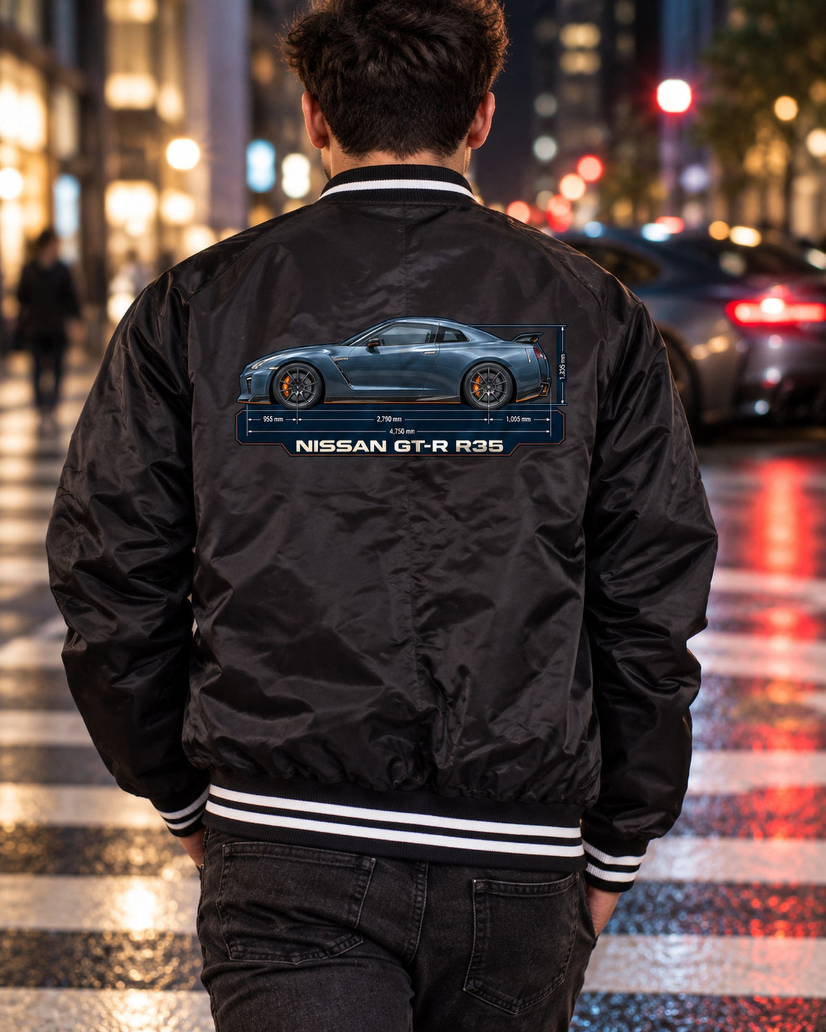 Nissan Z RZ34 Performance Dimension Blueprint Shirt, 2023 Z Tee Bomber Jacket Black worn hero