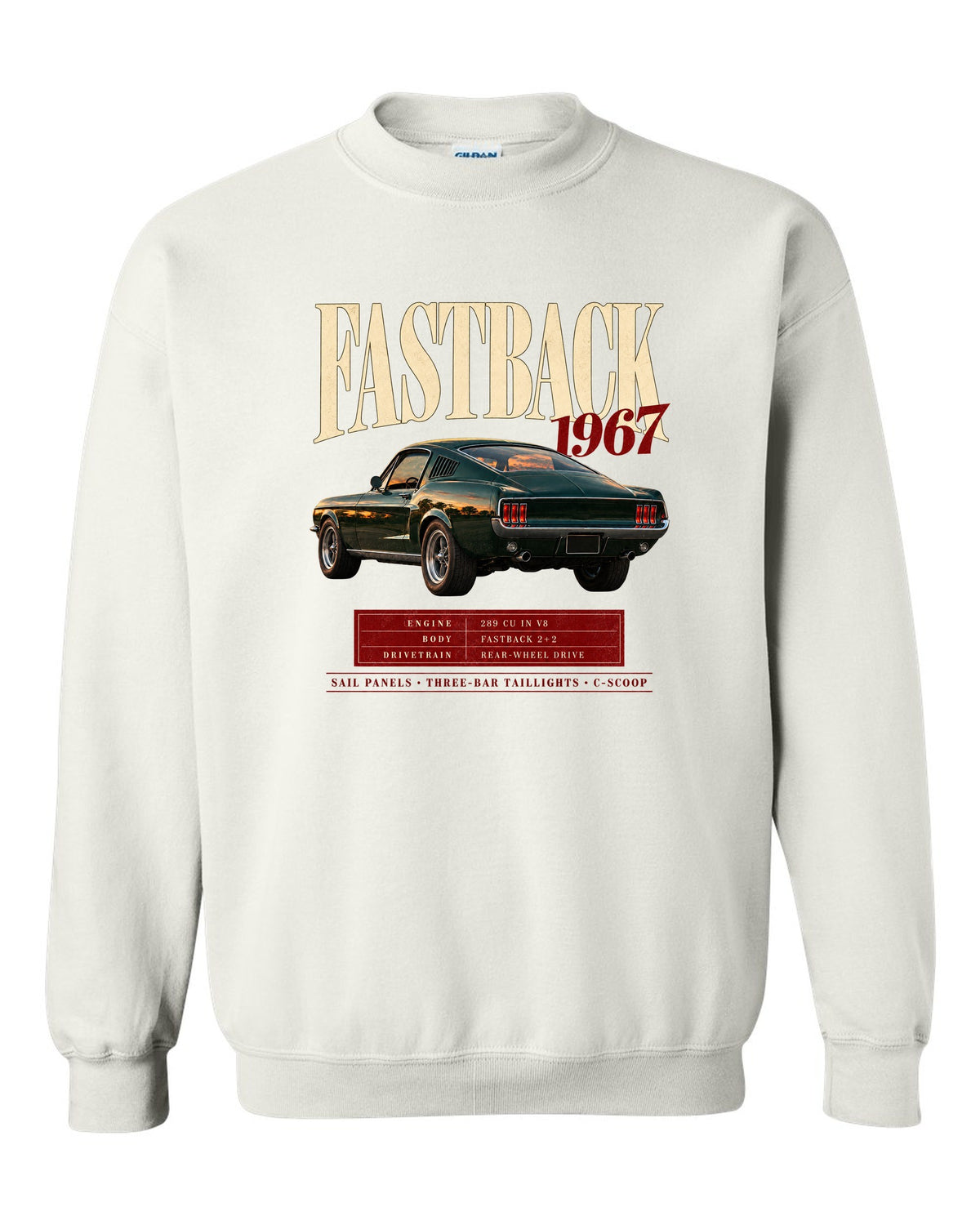 Archive panel illustration of a 1967 Ford Mustang fastback with 289 V8 spec callouts white crewneck front view with the design