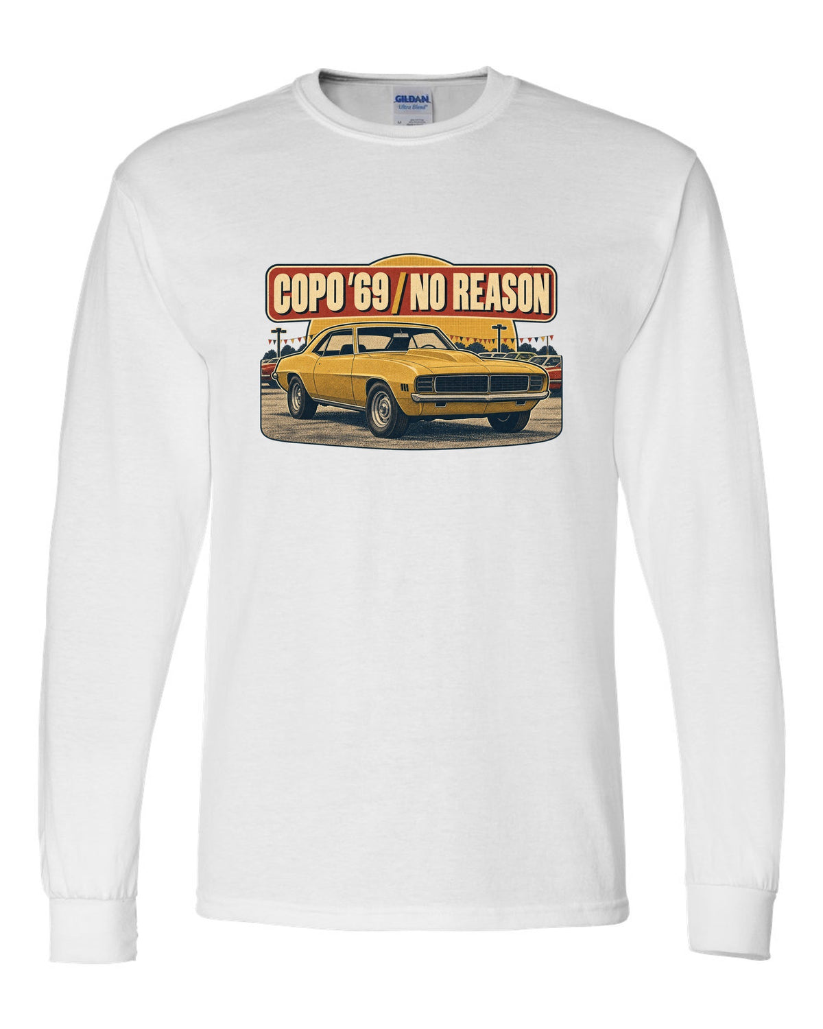 1970s catalogue ad layout with halftone shading of a 1969 Chevrolet Camaro COPO-style coupe white long sleeve front view with the design
