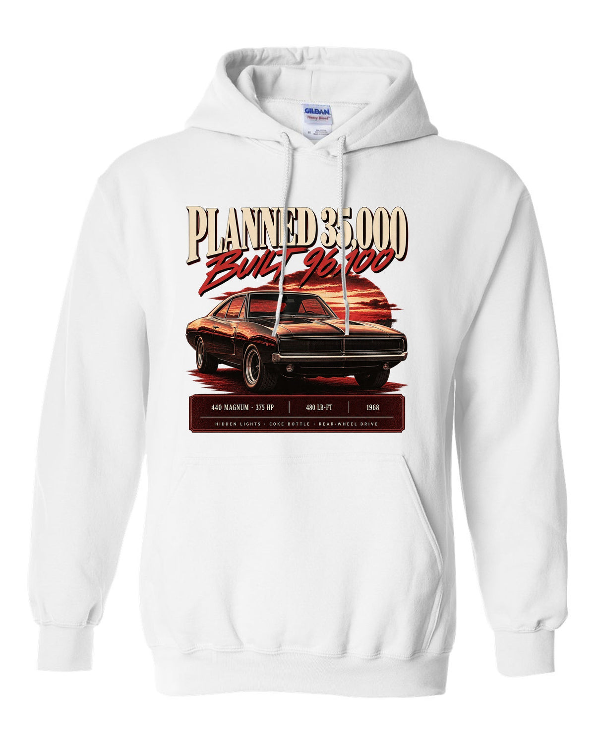 Archive panel print of a 1968 Dodge Charger R/T with 440 Magnum, 375 HP and production figures white pull over hoodie front view with the design
