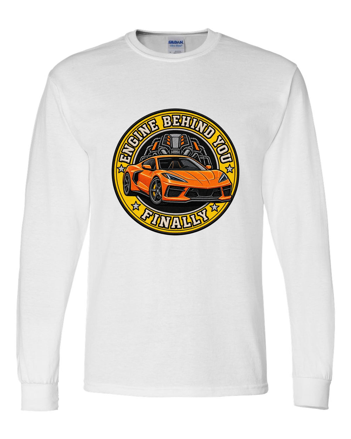 Varsity shield crest print of a 2020 Chevrolet Corvette C8 Stingray with engine behind you finally lettering white long sleeve front view with the design