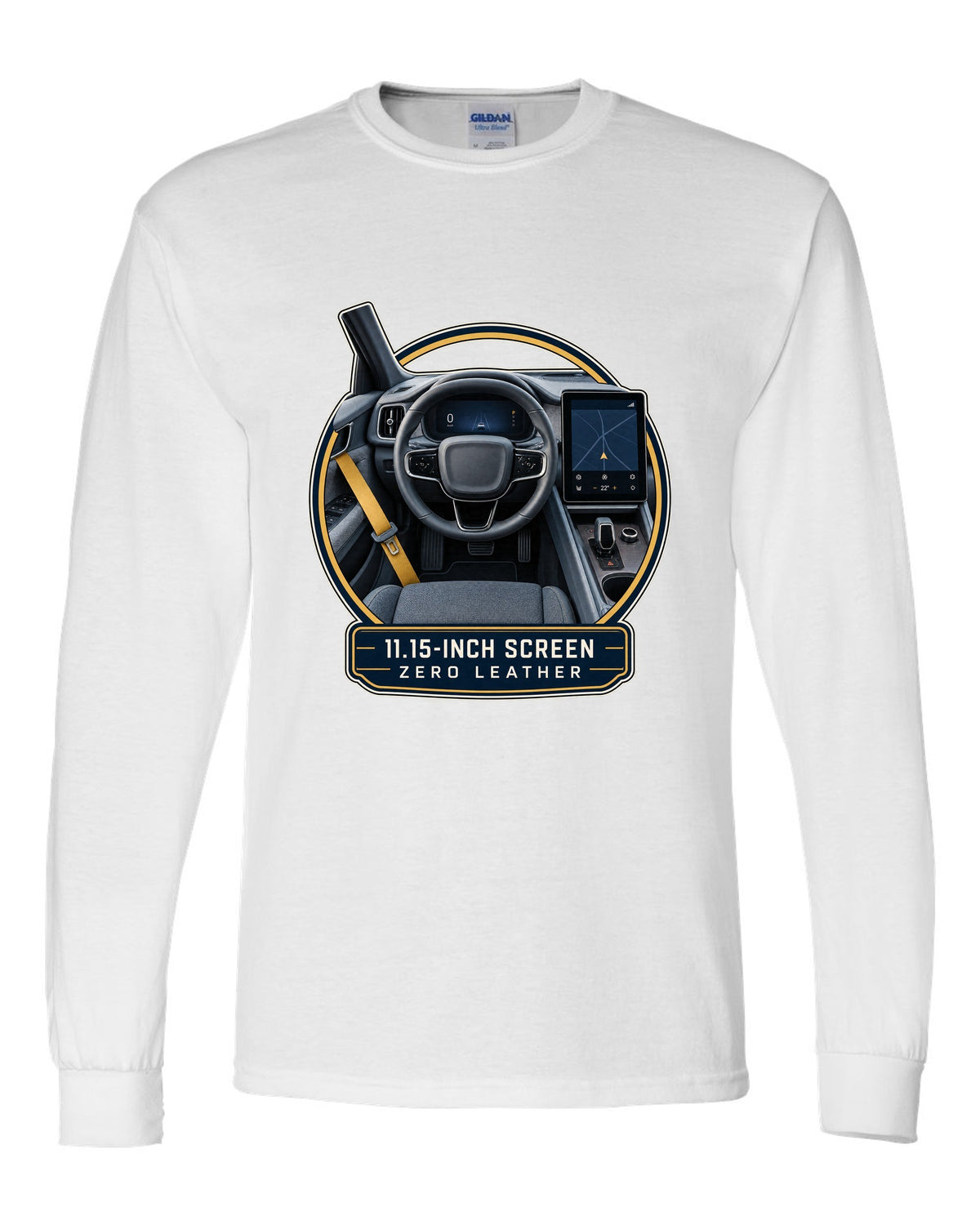 Polestar 2 cockpit with large centre screen, print design white long sleeve front view with the design
