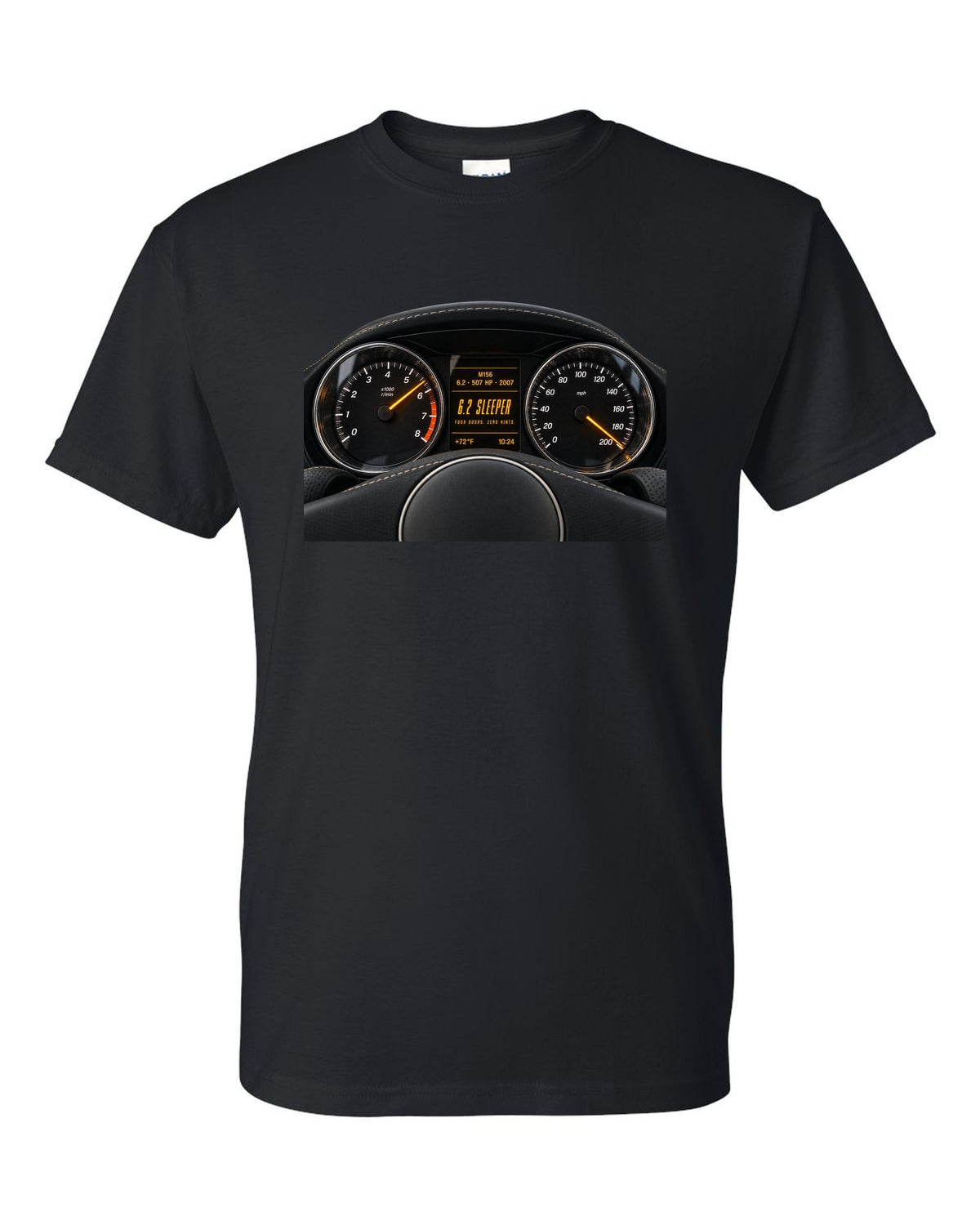 print cockpit gauge of a Mercedes W211 E63 M156 with text 507 HP, 2007, 6.2 sleeper black t-shirt front view with the design