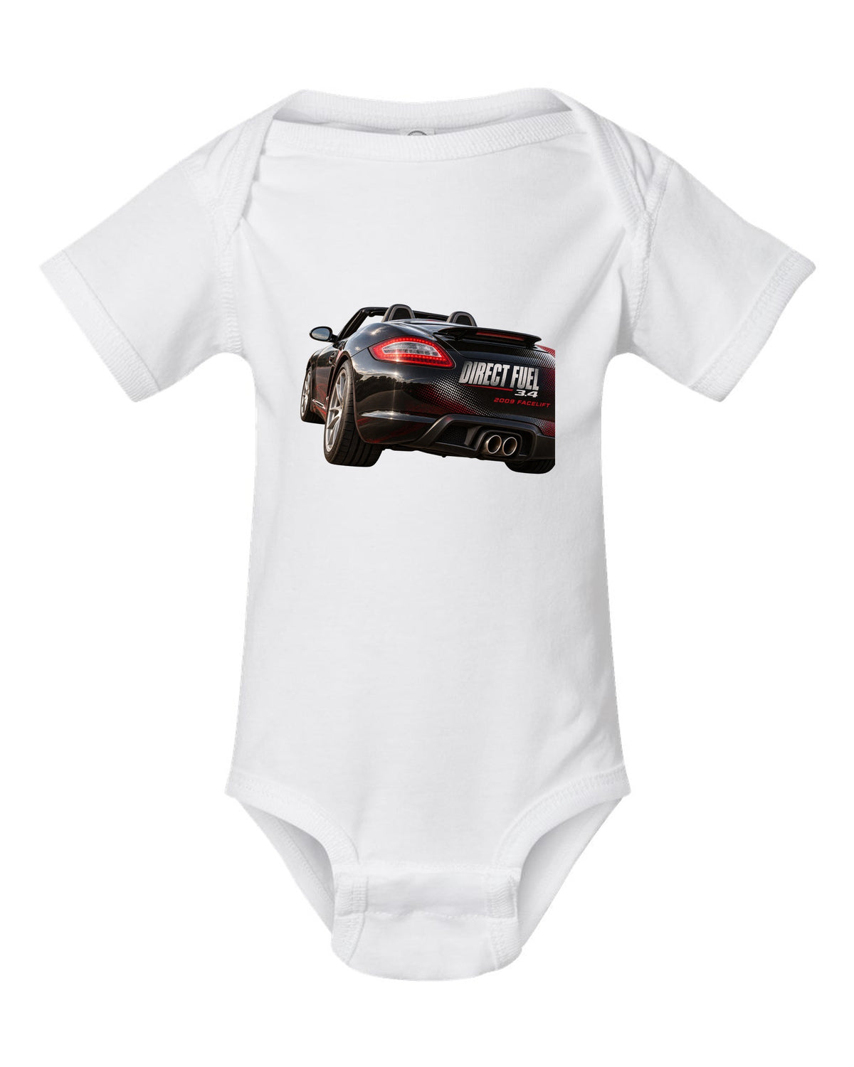 Taillight macro print of a Porsche Boxster 987.2 facelift white baby onesie front view with the design