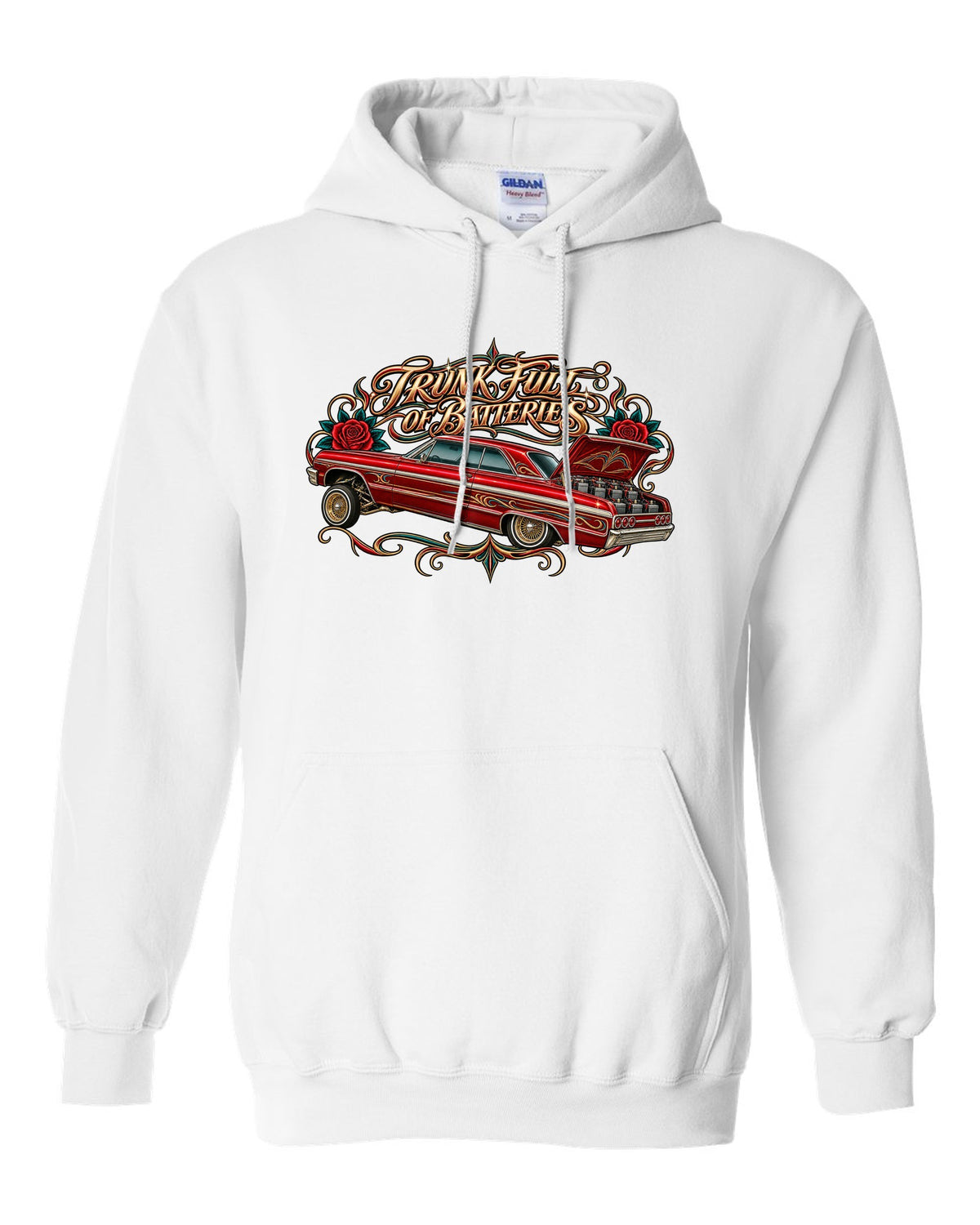 Lowrider airbrush flash illustration of a 1964 Chevrolet Impala SS with pinstripe scrolls and roses white pull over hoodie front view with the design