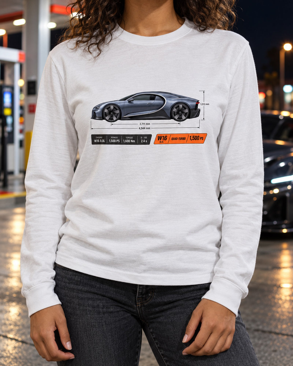 Bugatti Chiron W16 Dimension Blueprint Shirt, 1,500 PS Tee Long Sleeve White worn hero
