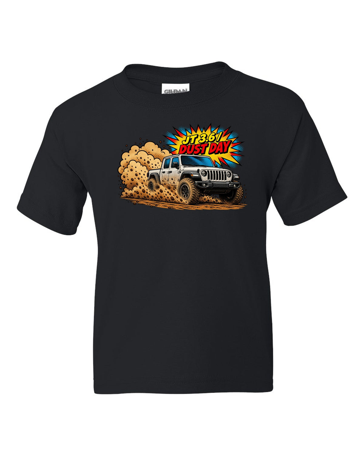 Jeep Gladiator JT mid-burnout in comic halftone pop art with JT 3.6 dust day text black kids tee front view with the design