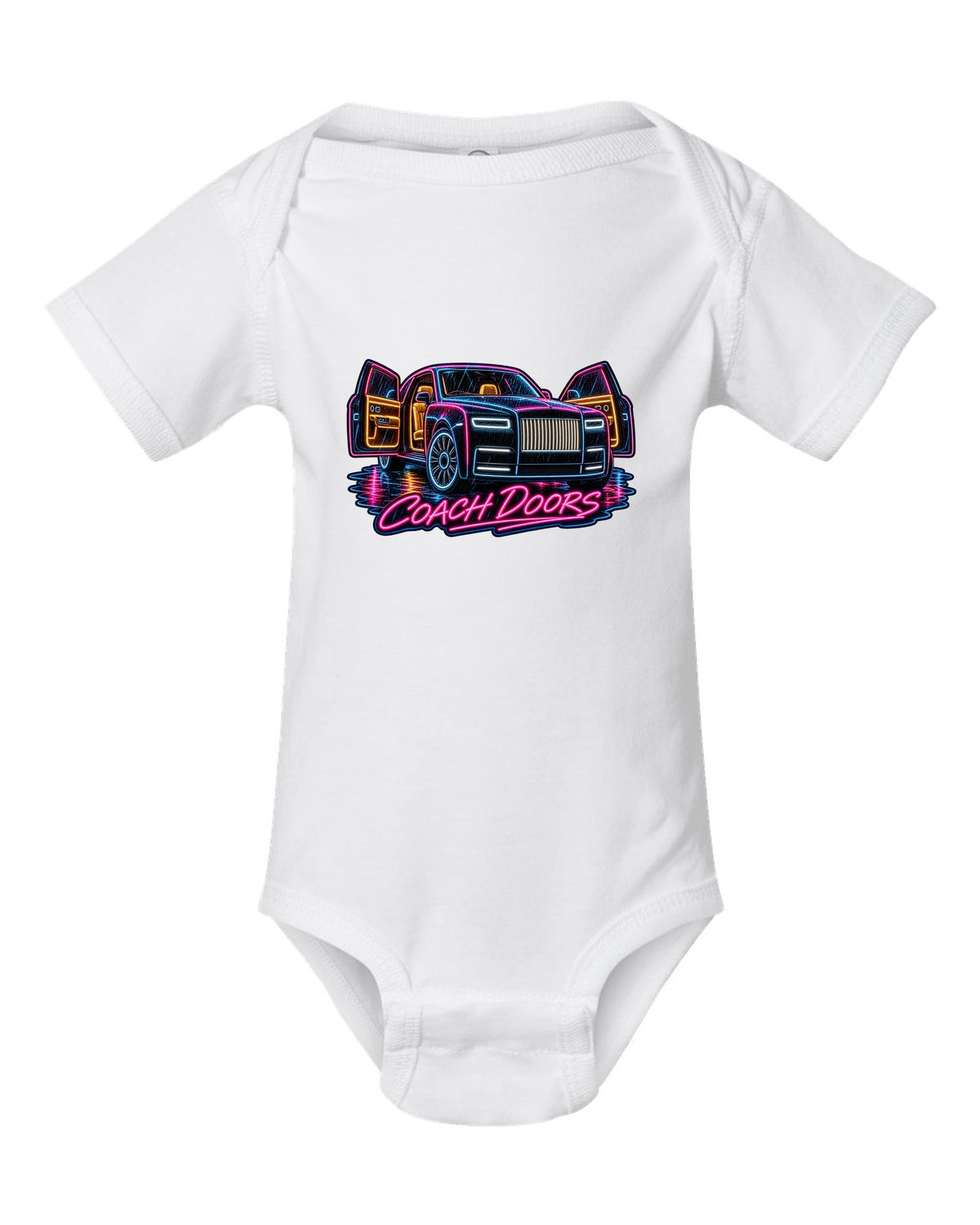 Neon sign style print of a Rolls-Royce Phantom VIII in rain with coach doors lettering white baby onesie front view with the design