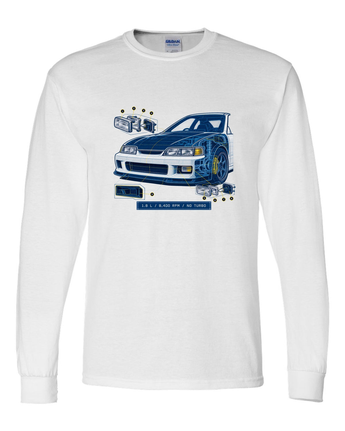 Technical blueprint design of the Honda Integra Type R DC2 with B18C specs white long sleeve front view with the design