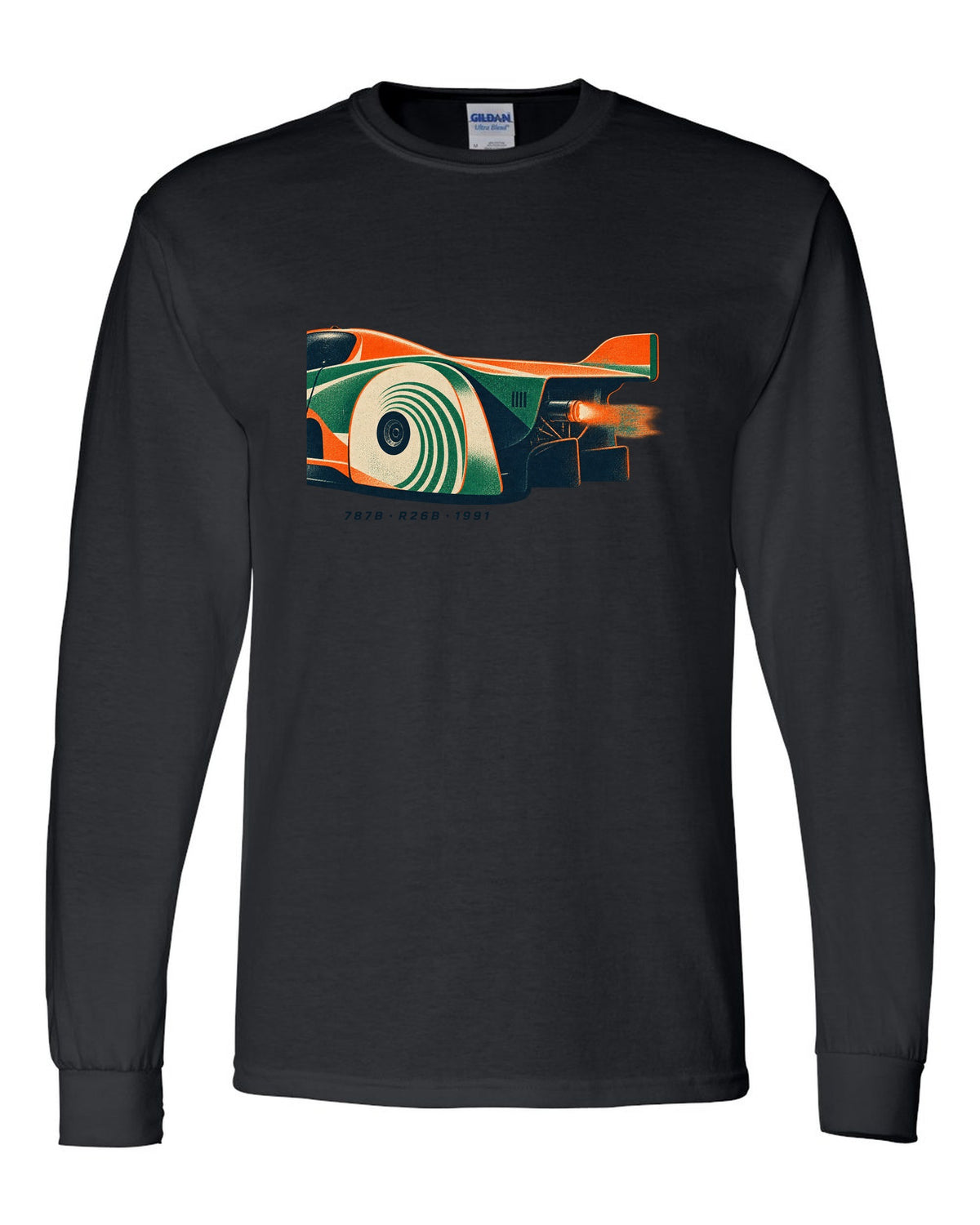 Risograph print of a Mazda 787B wheel and exhaust with R26B and 1991 text black long sleeve front view with the design
