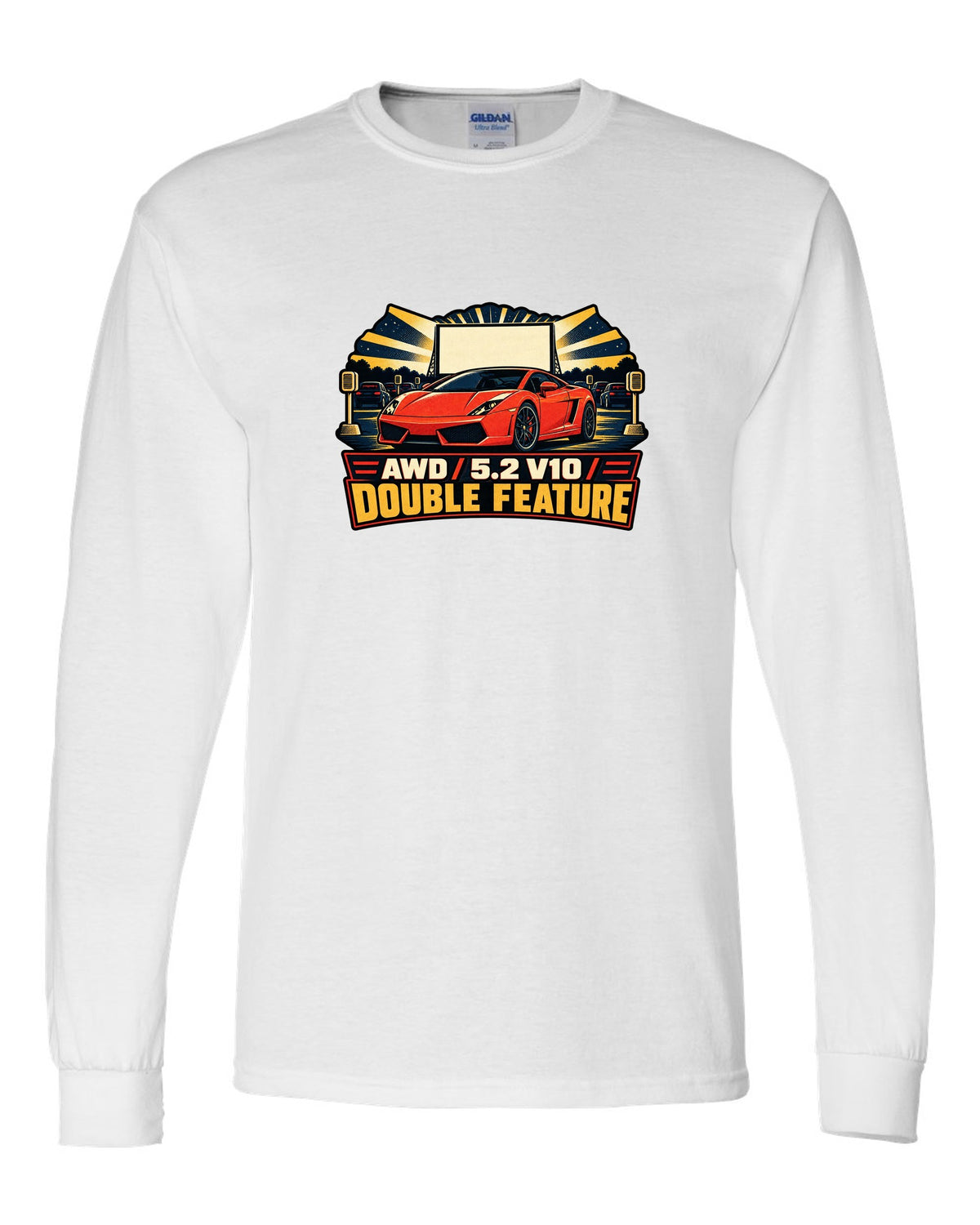 Vintage race poster style design of a Lamborghini Gallardo LP560-4 with AWD and V10 text white long sleeve front view with the design