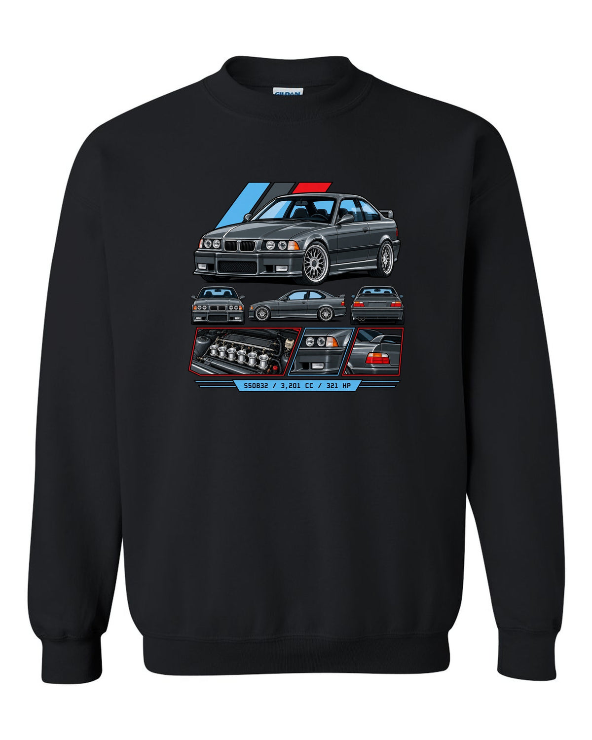 Cel-shaded anime night touge print of a BMW E36 M3 with slide now fix the diff later text black crewneck front view with the design