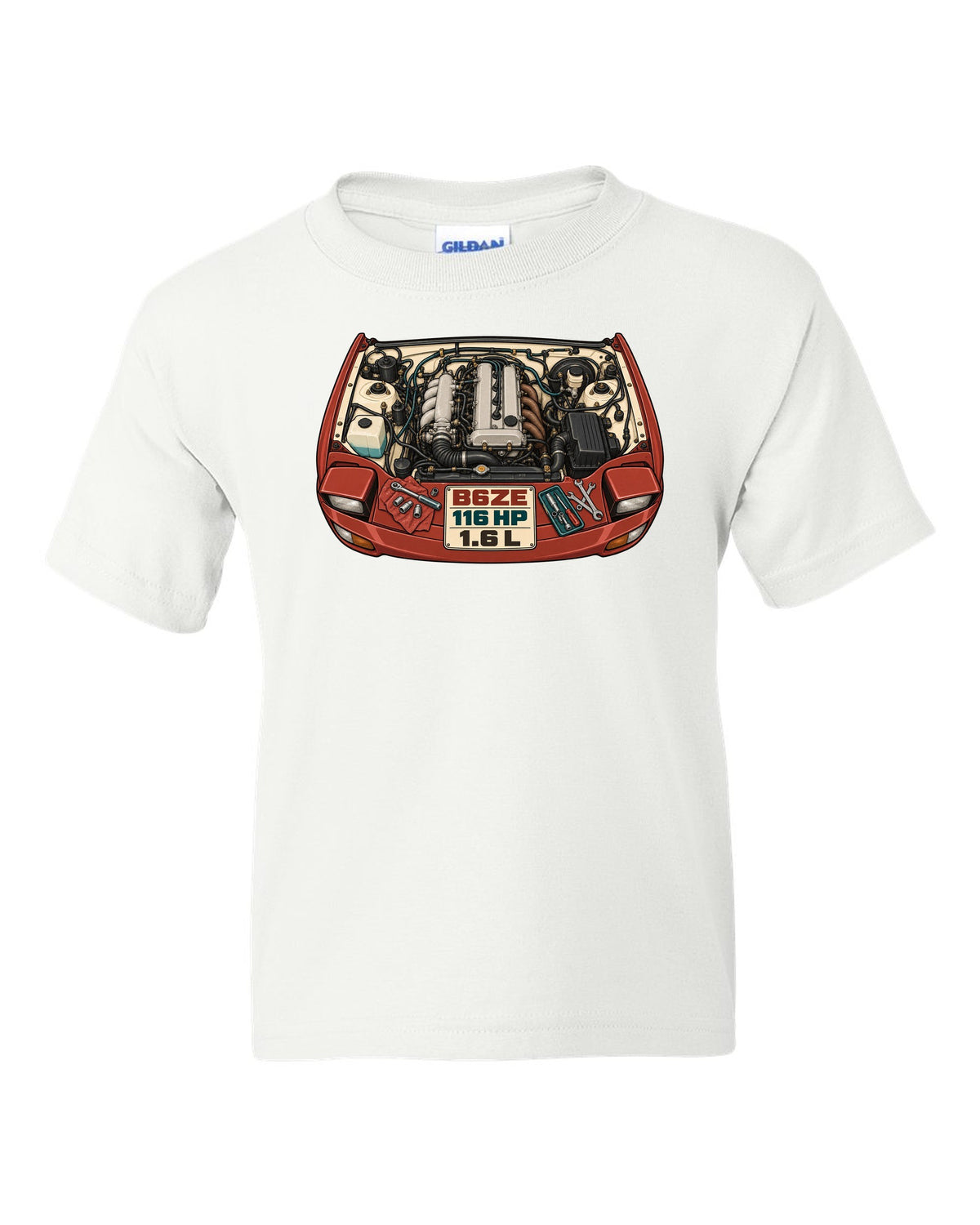 Parts-catalogue illustration of the Mazda MX-5 NA engine bay with B6ZE / 116 HP / 1.6 L lettering white kids tee front view with the design