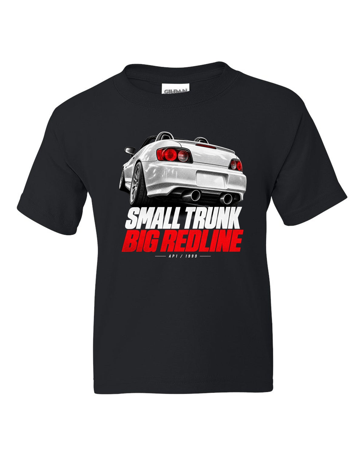 Honda S2000 AP1 roadster taillight detail design with small trunk big redline text black kids tee front view with the design