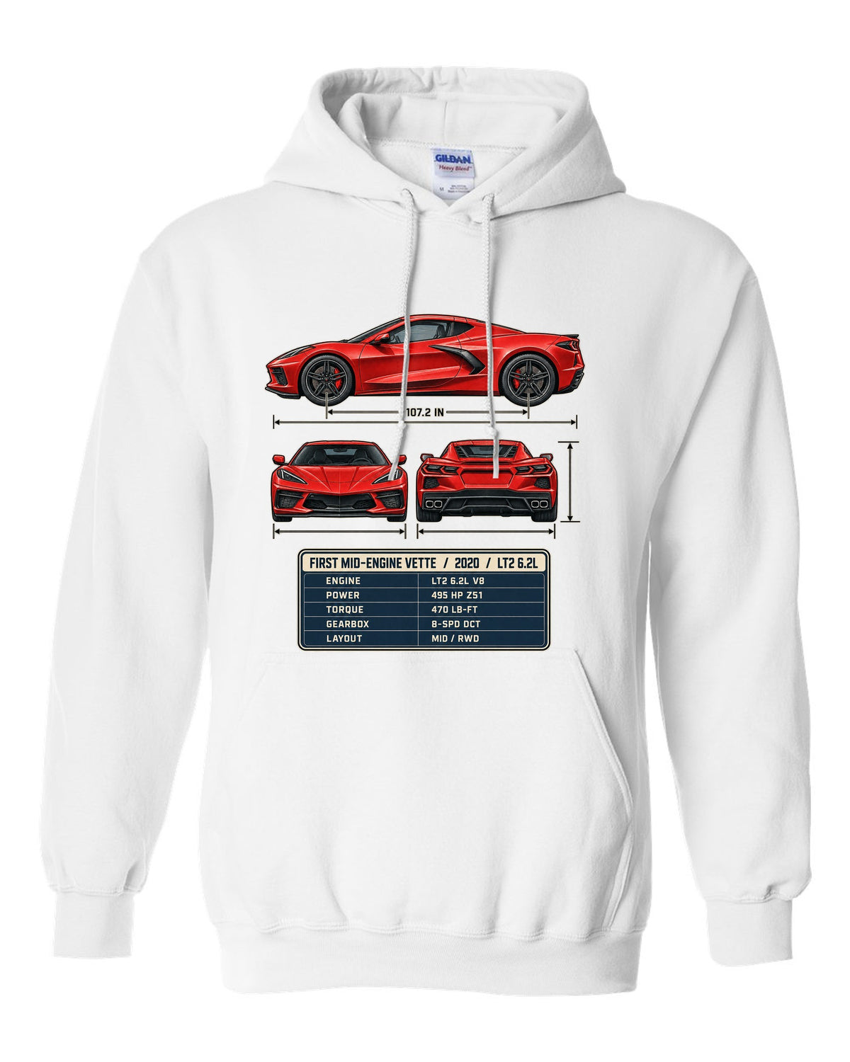 Three-view spec table print of a Chevrolet Corvette C8 Stingray with LT2 6.2L text white pull over hoodie front view with the design