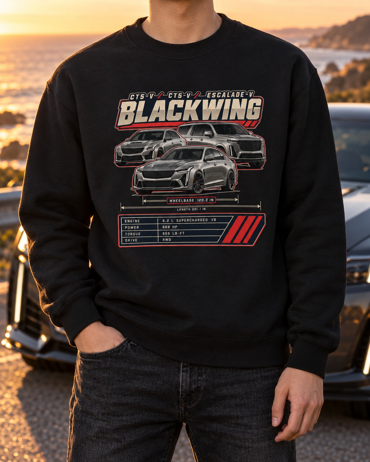 Charger SRT Hellcat Redeye Widebody Spec Poster Shirt, 2021-23 Crewneck Black worn hero