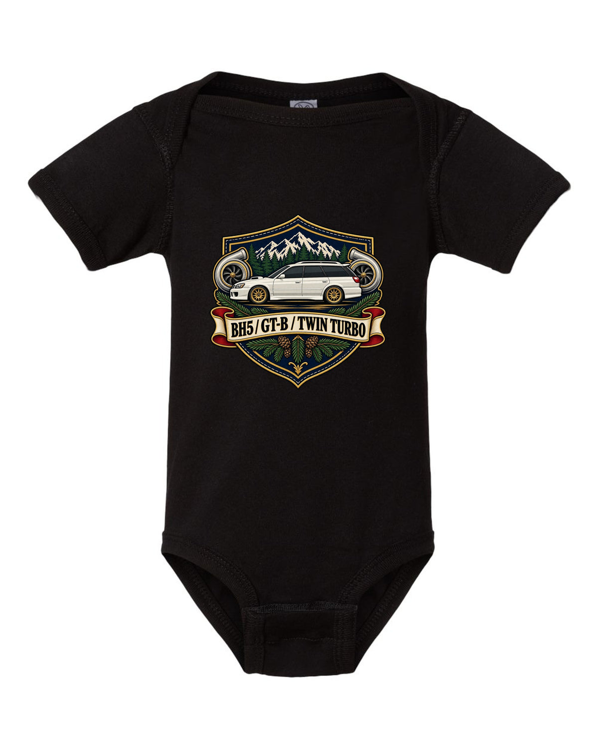 Subaru Legacy BH5 GT-B wagon shield crest print, BH5 / GT-B / TWIN TURBO black baby onesie front view with the design